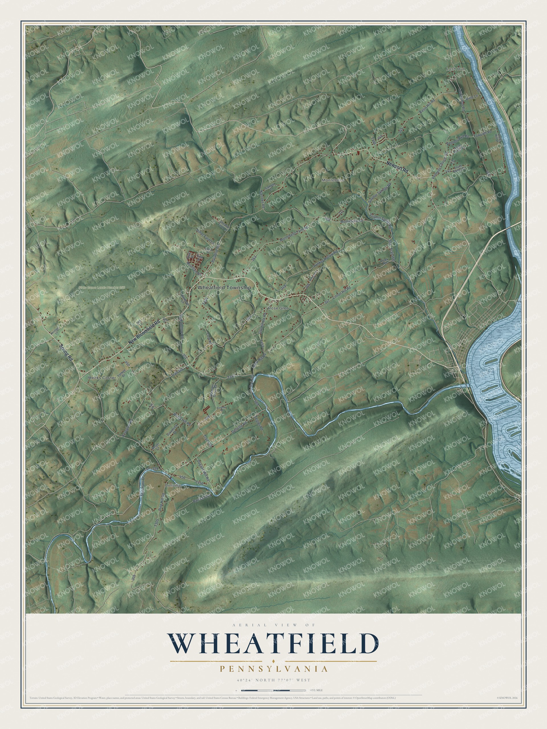 Full map of Wheatfield, Pennsylvania, with red buildings, printed street names and the land around them