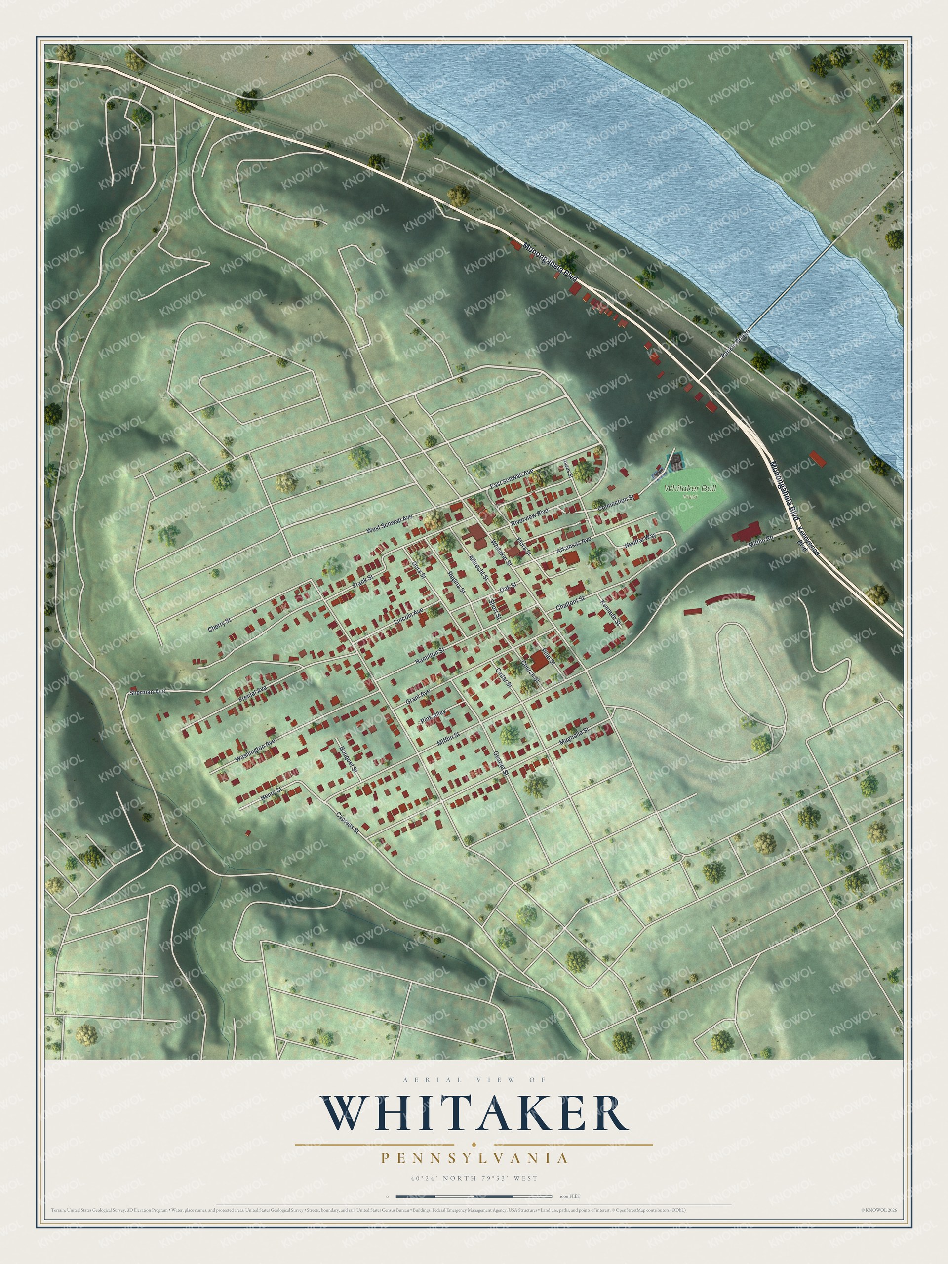 Full map of Whitaker, Pennsylvania, with red buildings, printed street names and the land around them