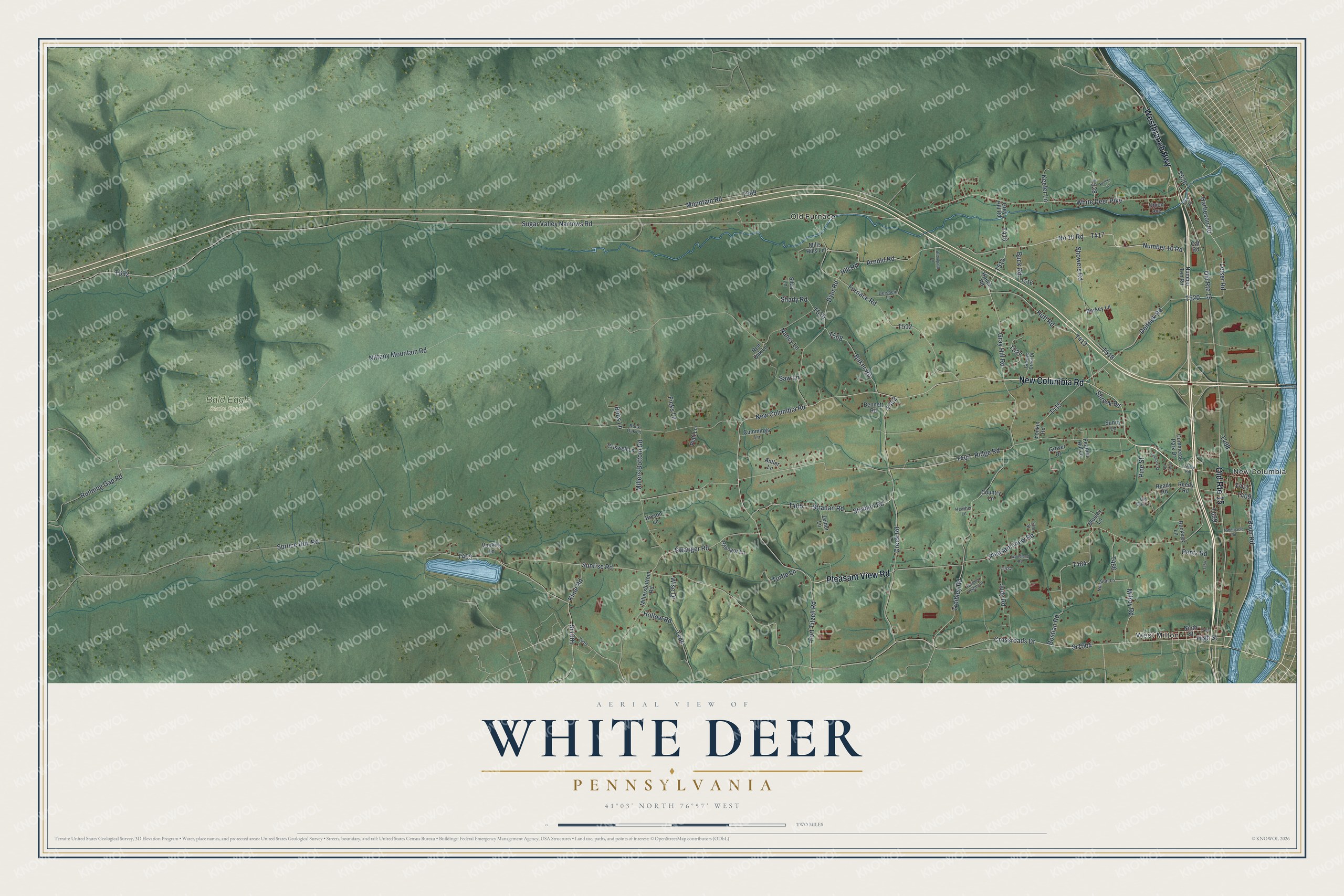 Full map of White Deer, Pennsylvania, with red buildings, printed street names and the land around them