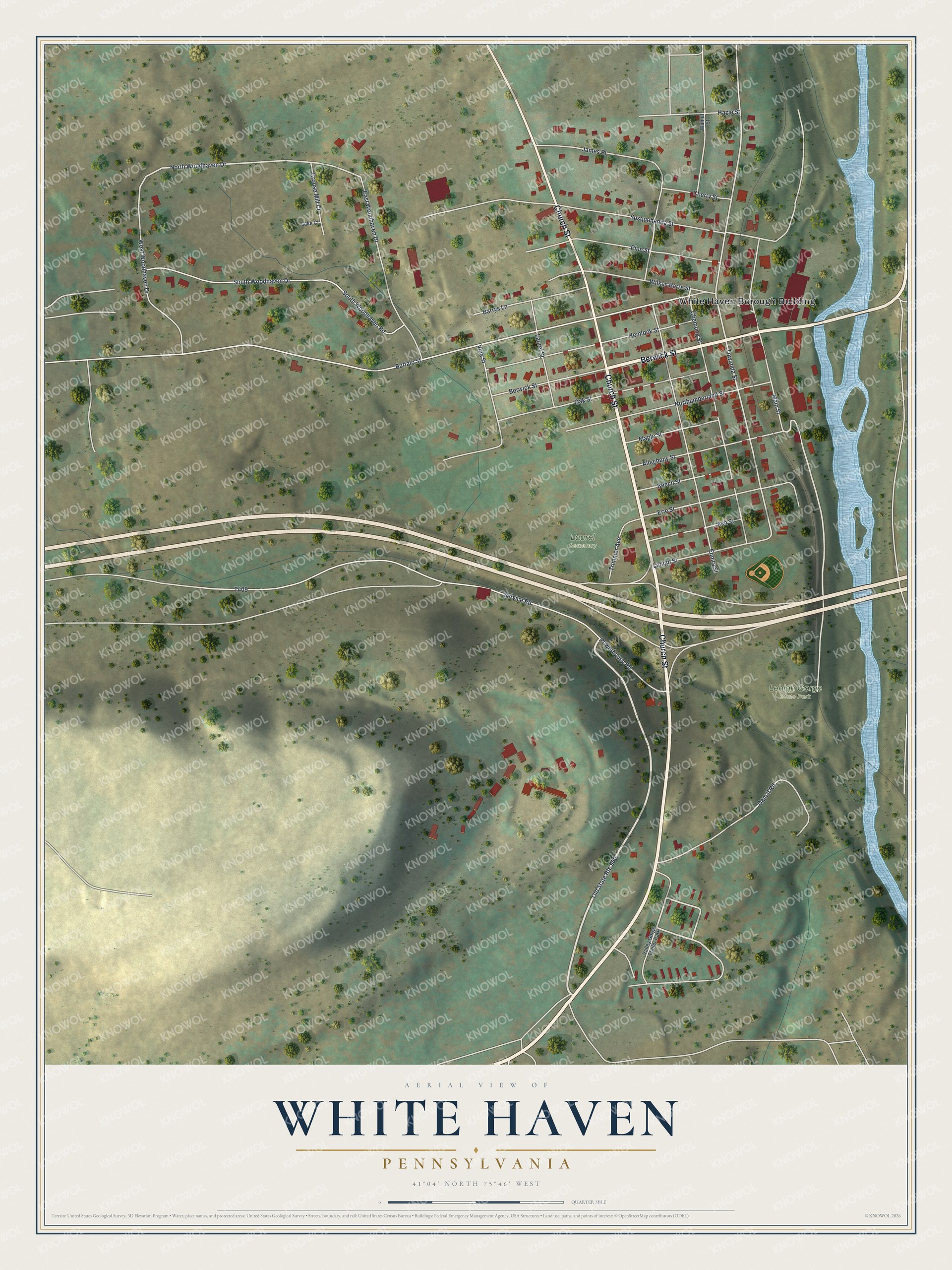 Full map of White Haven, Pennsylvania, with red buildings, printed street names and the land around them