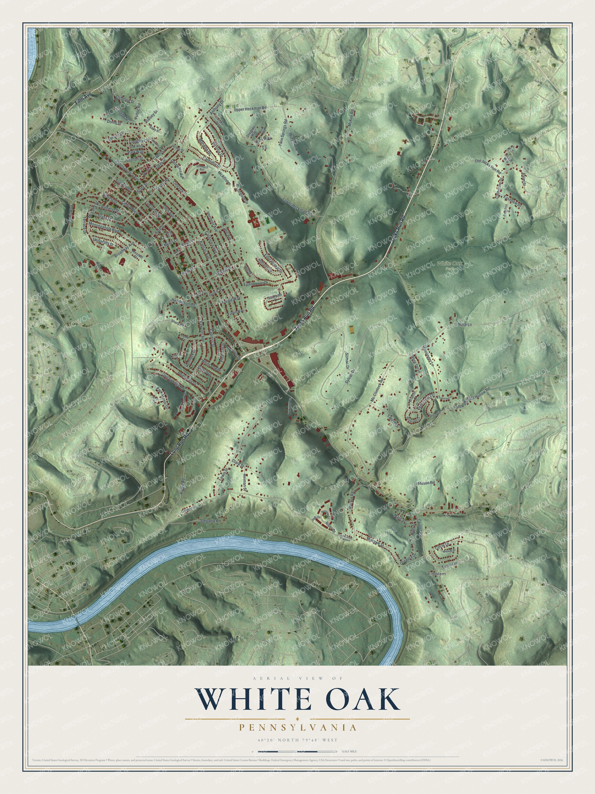 Full map of White Oak, Pennsylvania, with red buildings, printed street names and the land around them
