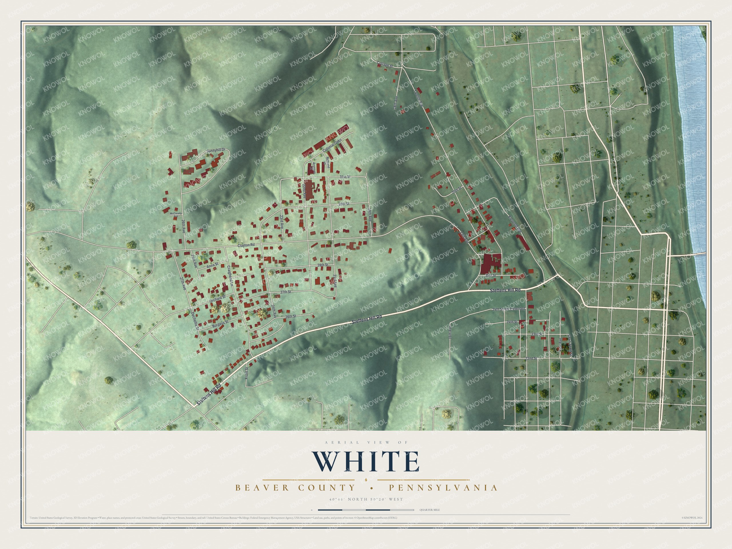 Full map of White, Beaver County, Pennsylvania, with red buildings, printed street names and the land around them