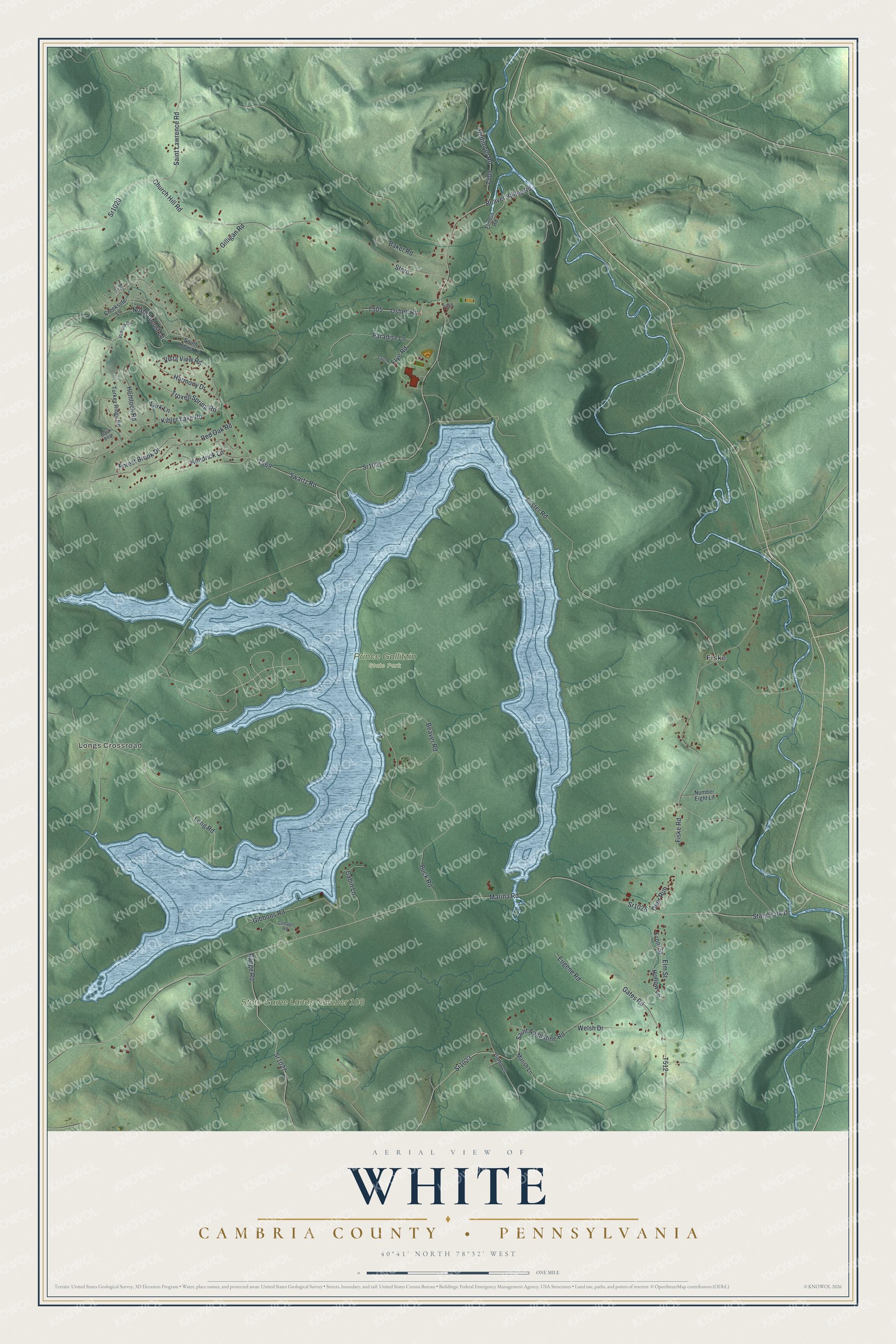 Full map of White, Cambria County, Pennsylvania, with red buildings, printed street names and the land around them