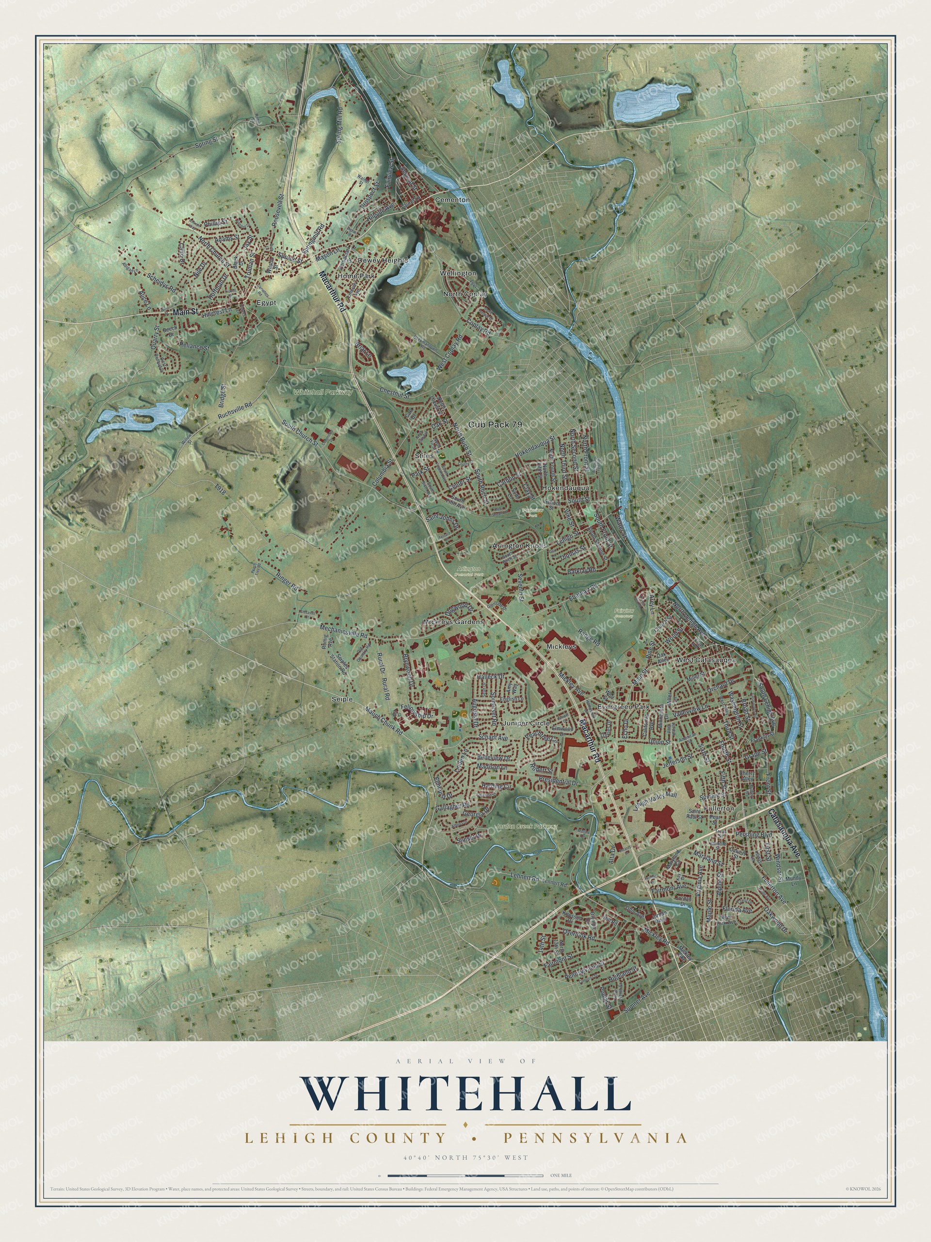 Aerial-style map of Whitehall Township in Lehigh County, Pennsylvania, with green hills, a winding blue river and red buildings