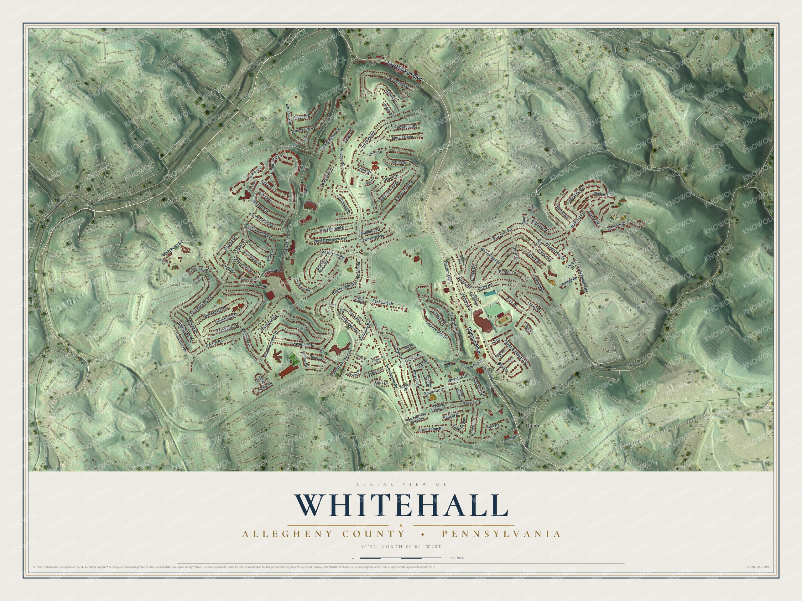 Full map of Whitehall, Allegheny County, Pennsylvania, with red buildings, printed street names and the land around them