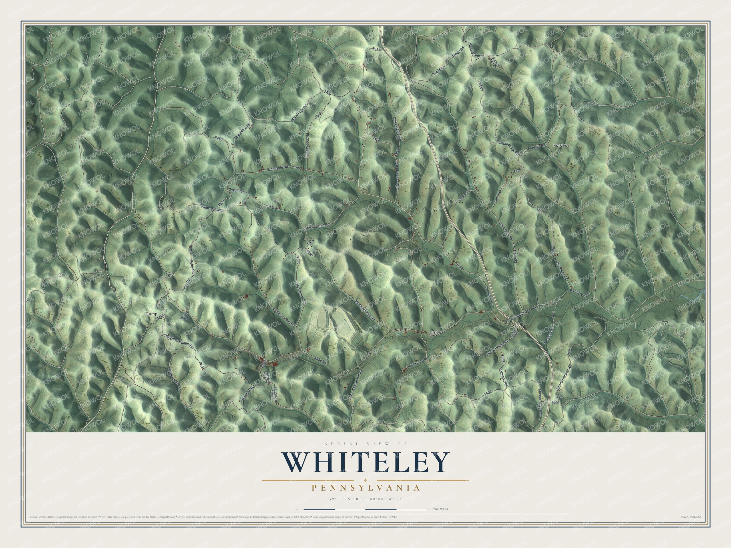 Full map of Whiteley, Pennsylvania, with red buildings, printed street names and the land around them
