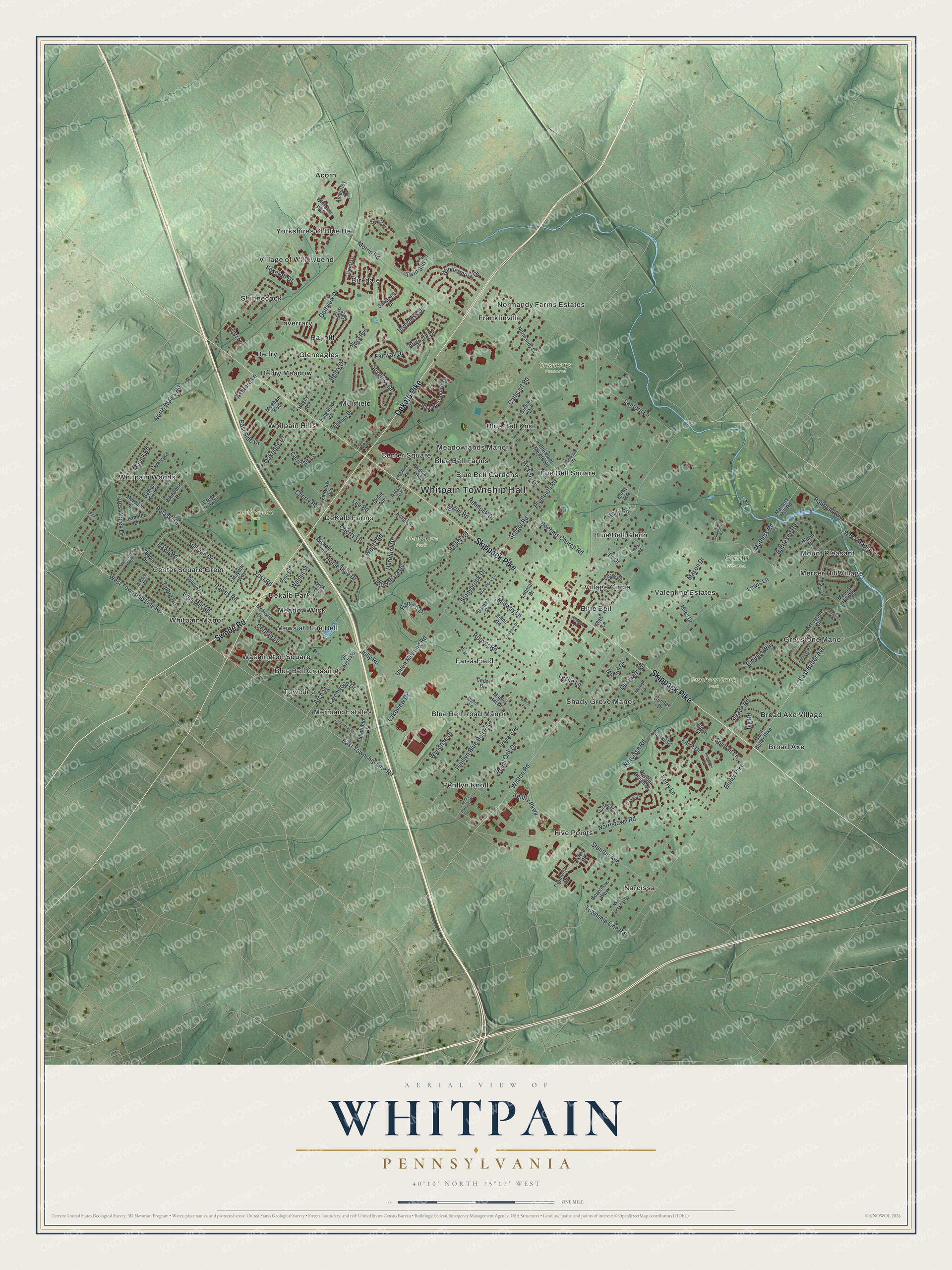 Full map of Whitpain, Pennsylvania, with red buildings, printed street names and the land around them