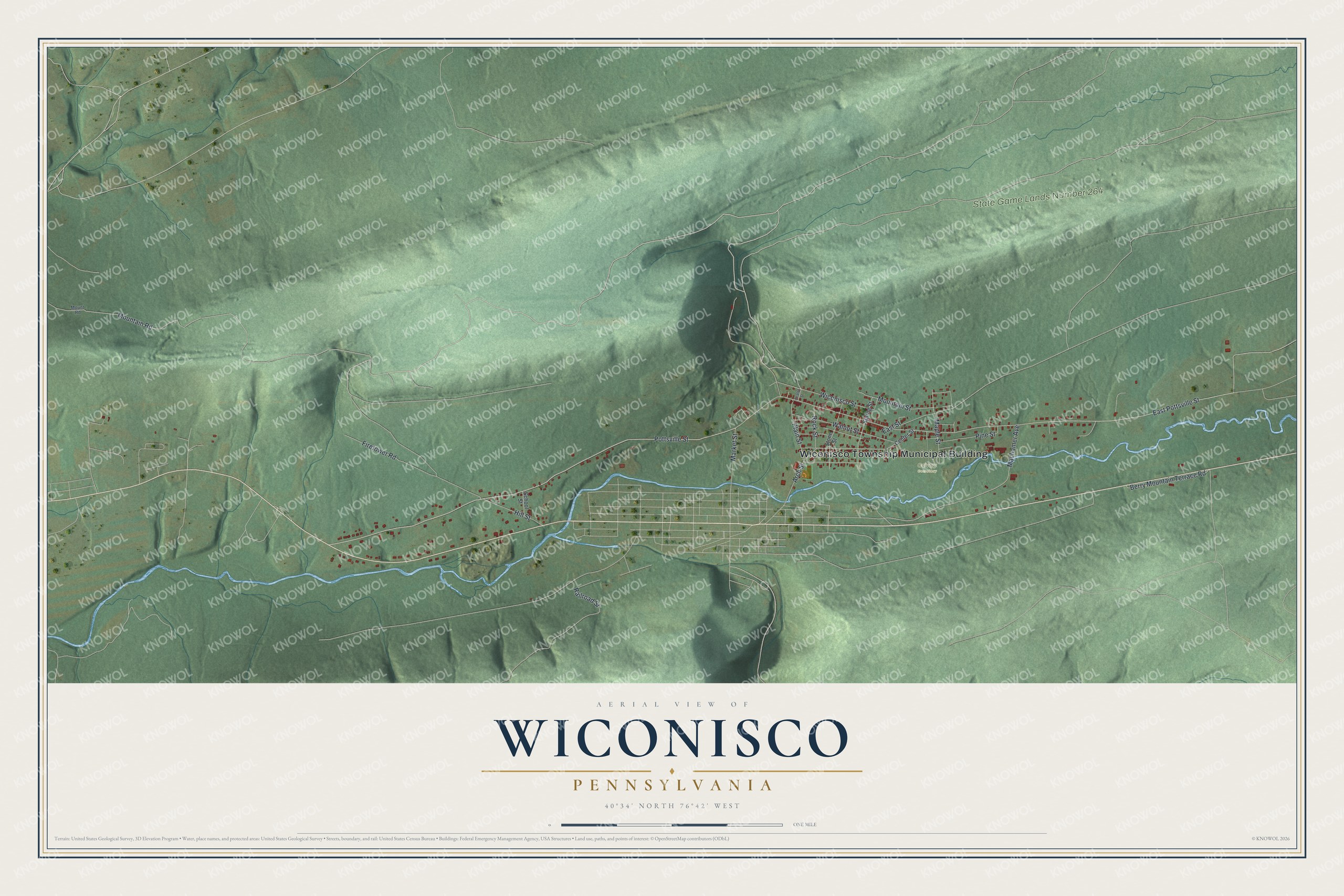 Full map of Wiconisco, Pennsylvania, with red buildings, printed street names and the land around them