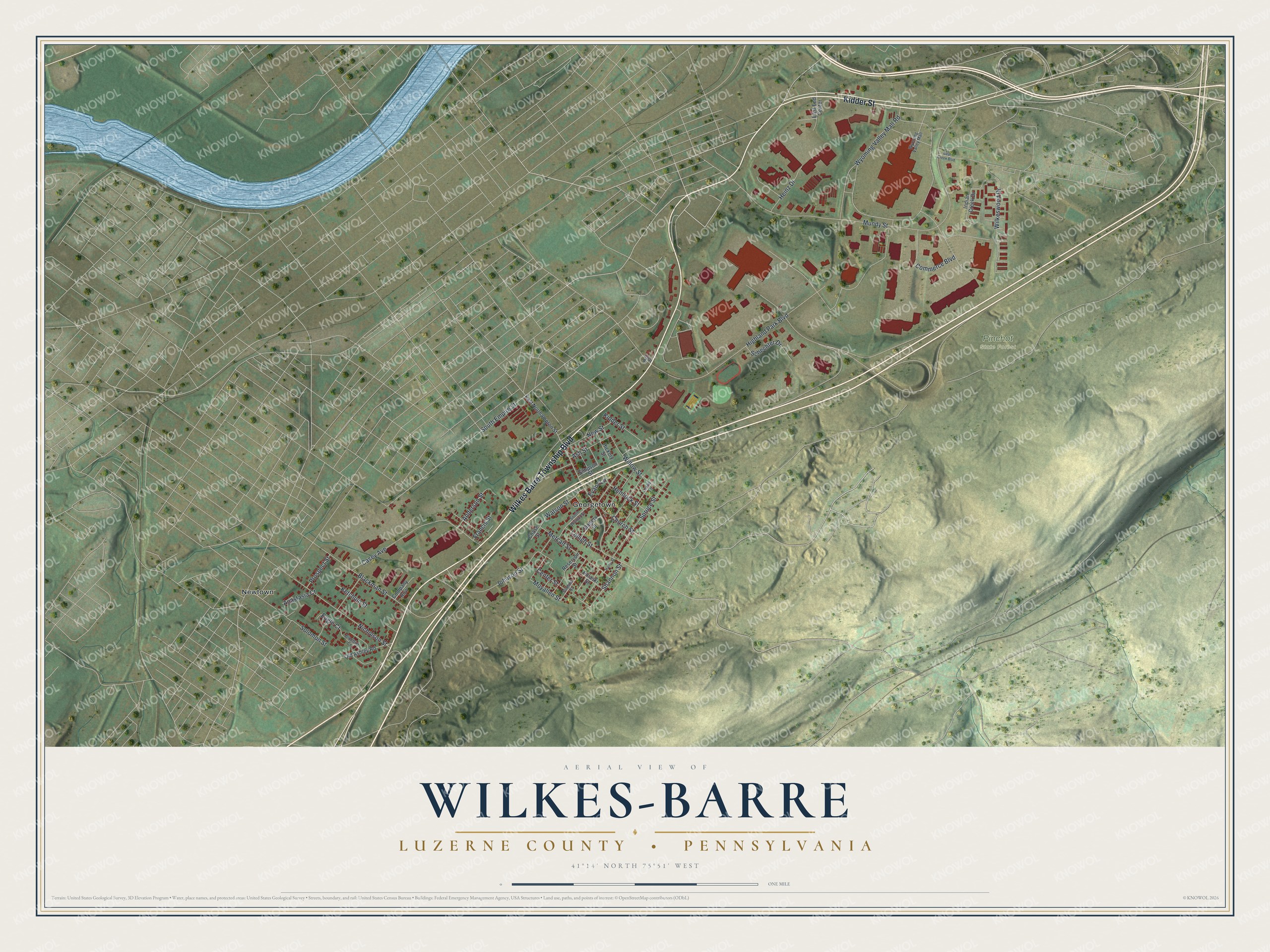 Full map of Wilkes-Barre Township, Pennsylvania, with red buildings, printed street names and the land around them