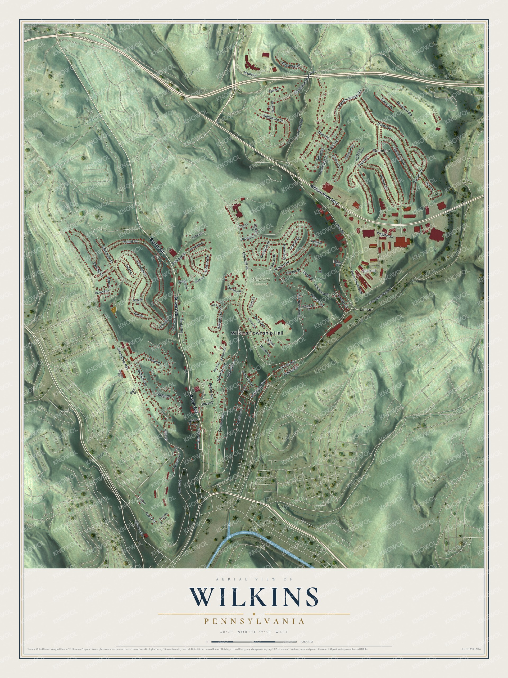 Aerial-style map of Wilkins Township, Pennsylvania, with shaded green hills, red building shapes, a blue creek and a cream title panel