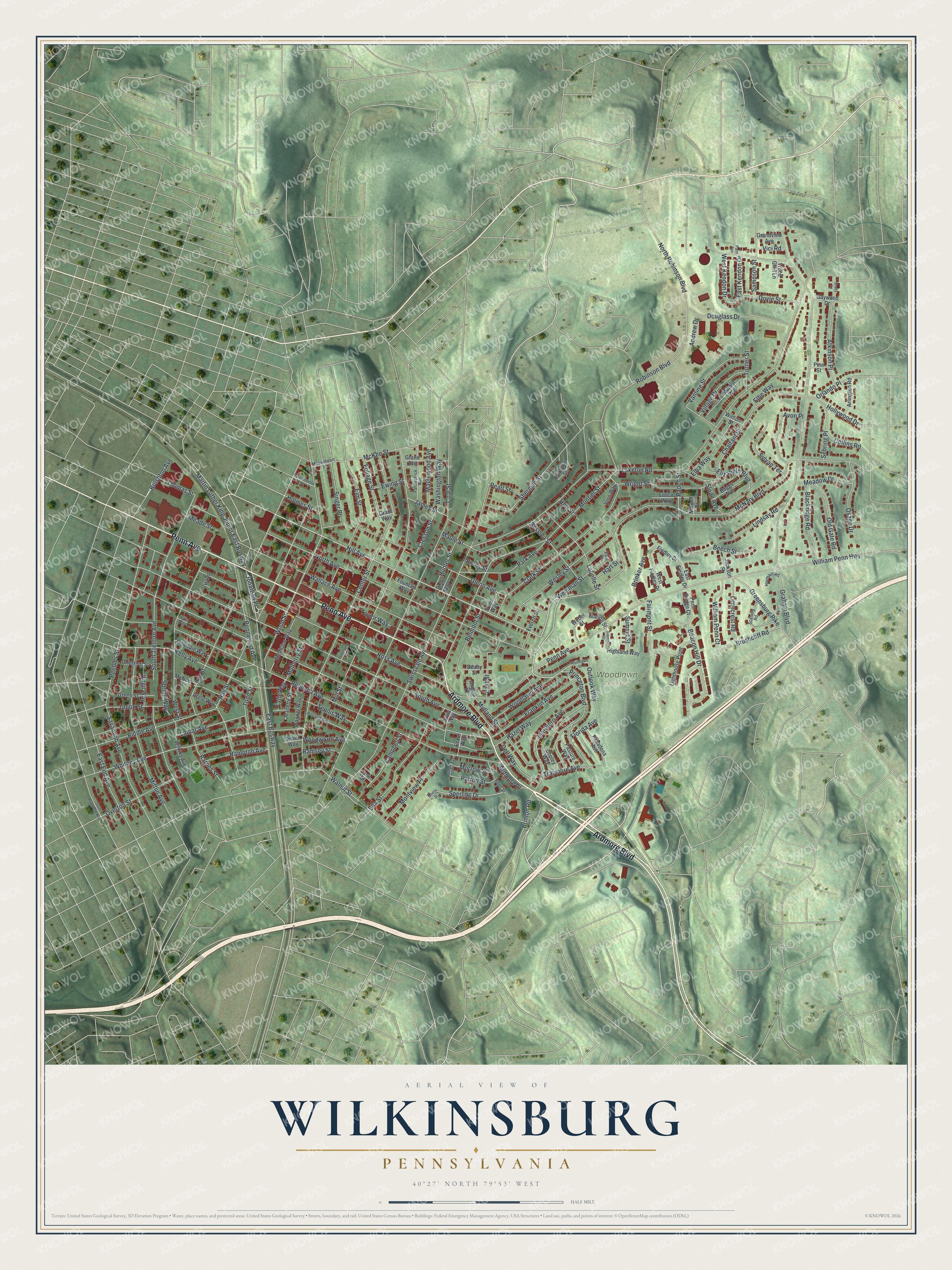 Full map of Wilkinsburg, Pennsylvania, with red buildings, printed street names and the land around them