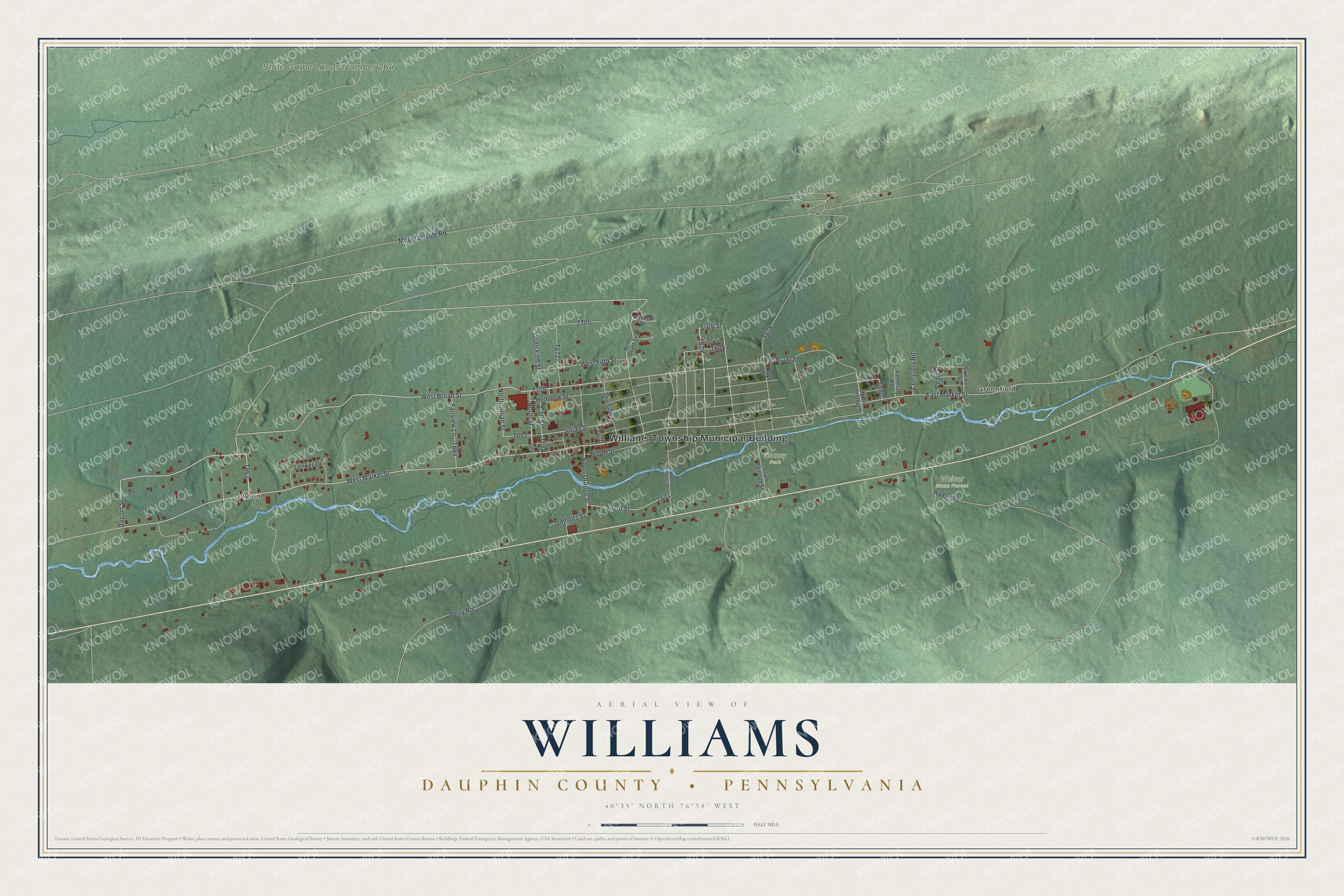 Full map of Williams, Dauphin County, Pennsylvania, with red buildings, printed street names and the land around them