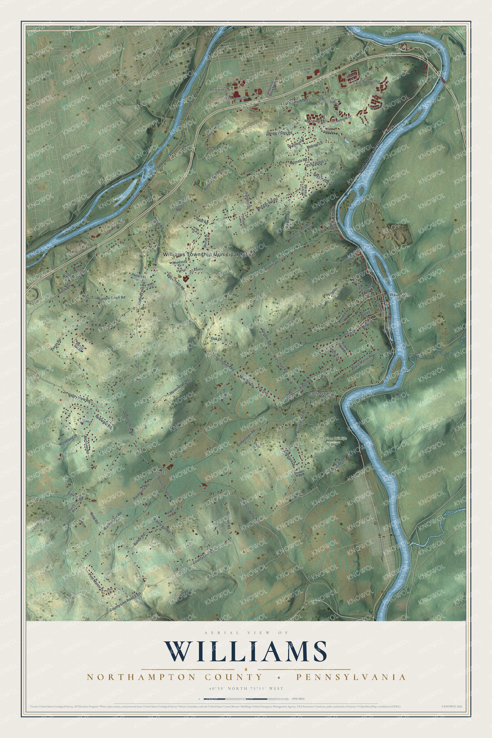 Full map of Williams, Northampton County, Pennsylvania, with red buildings, printed street names and the land around them