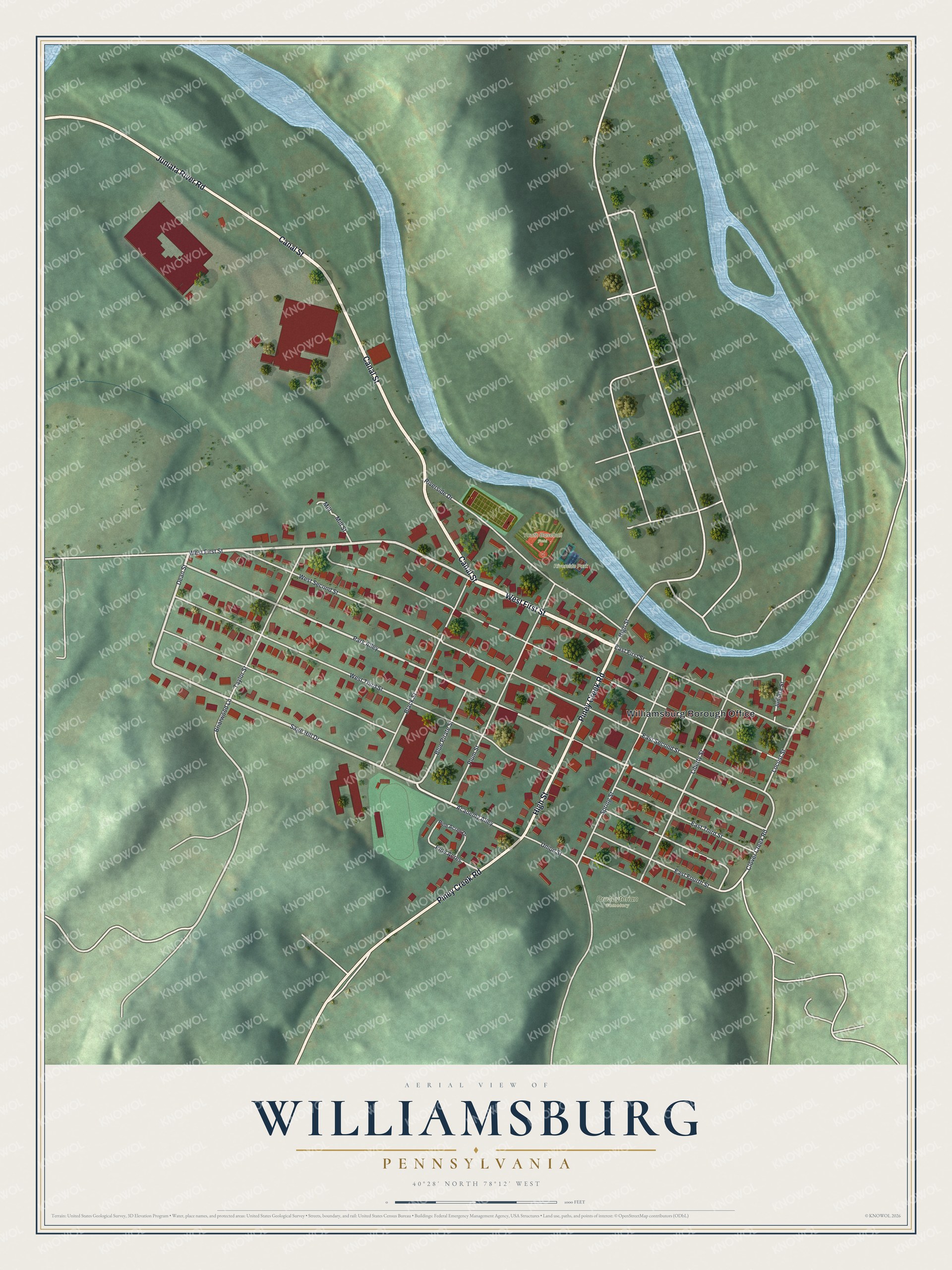 Full map of Williamsburg, Pennsylvania, with red buildings, printed street names and the land around them