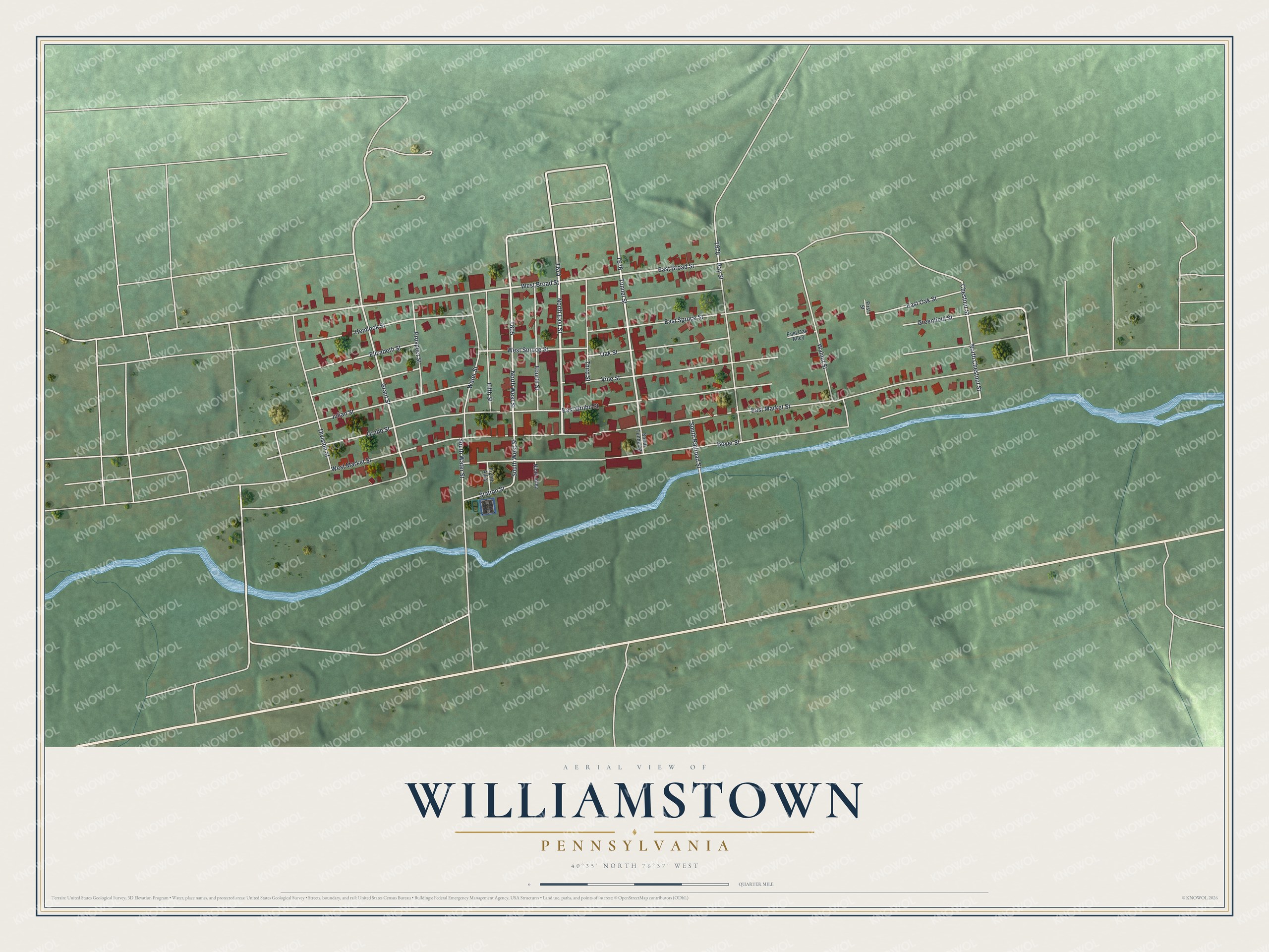 Full map of Williamstown, Pennsylvania, with red buildings, printed street names and the land around them