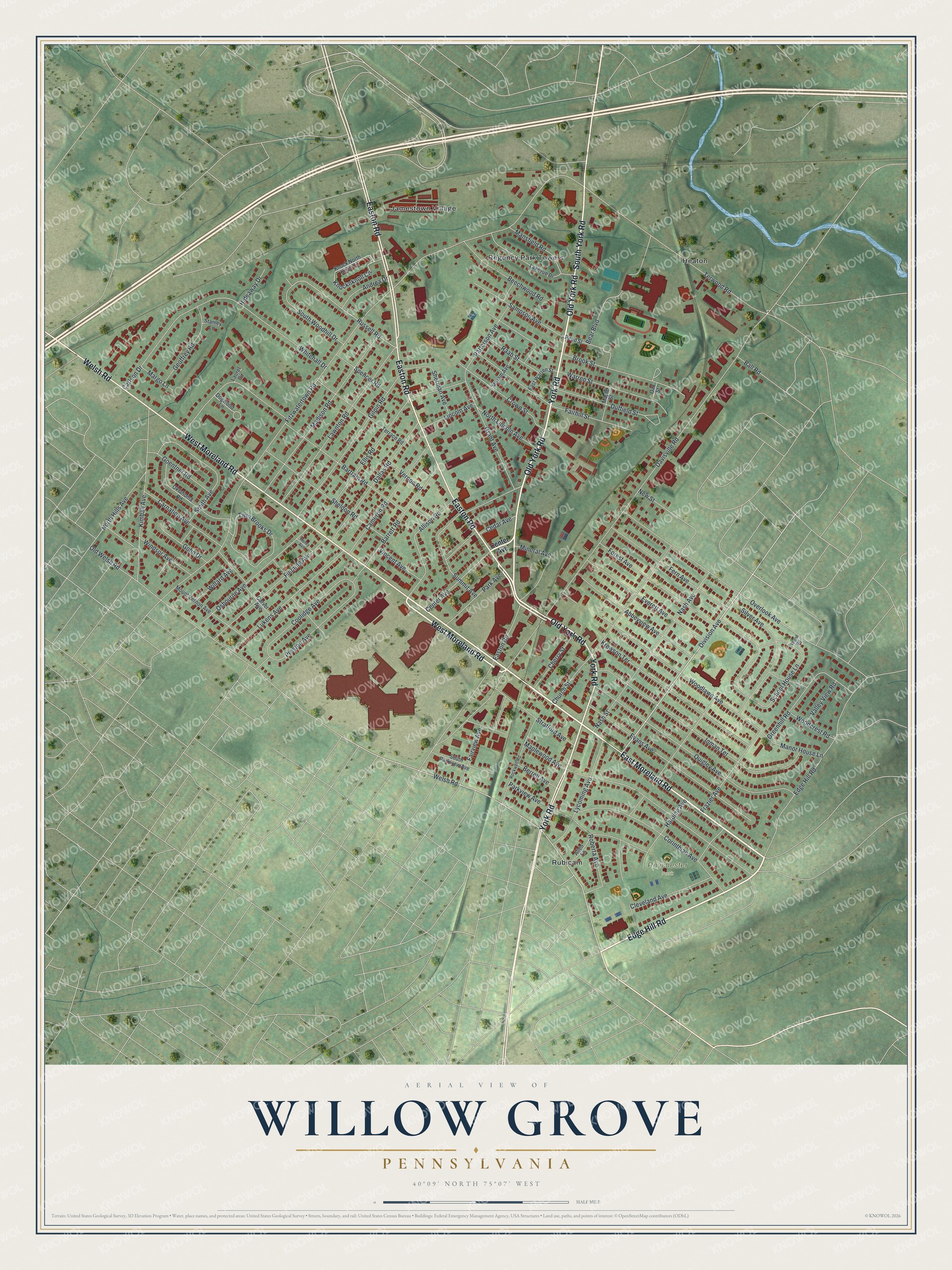 Full map of Willow Grove, Pennsylvania, with red buildings, printed street names and the land around them