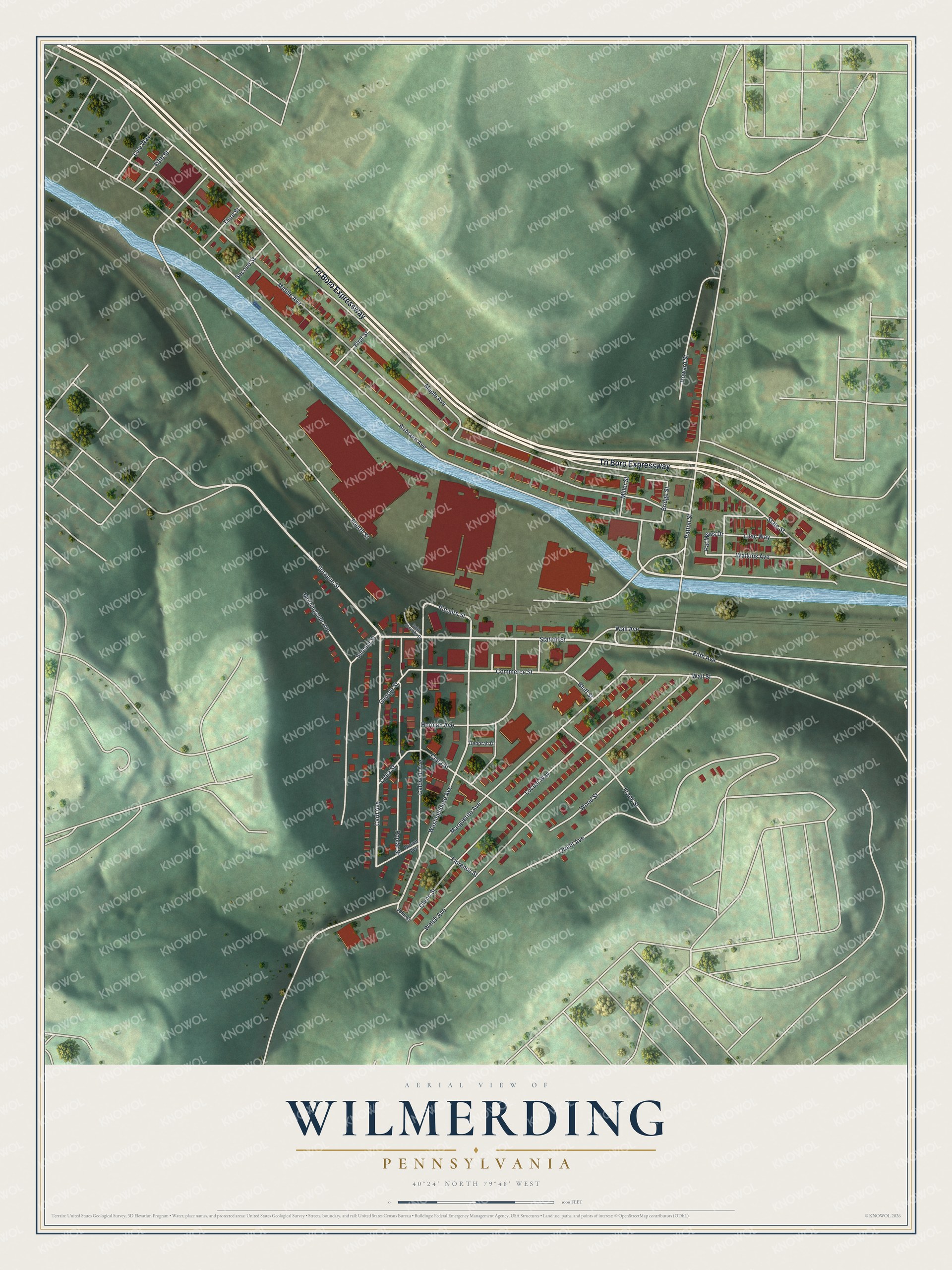 Full map of Wilmerding, Pennsylvania, with red buildings, printed street names and the land around them
