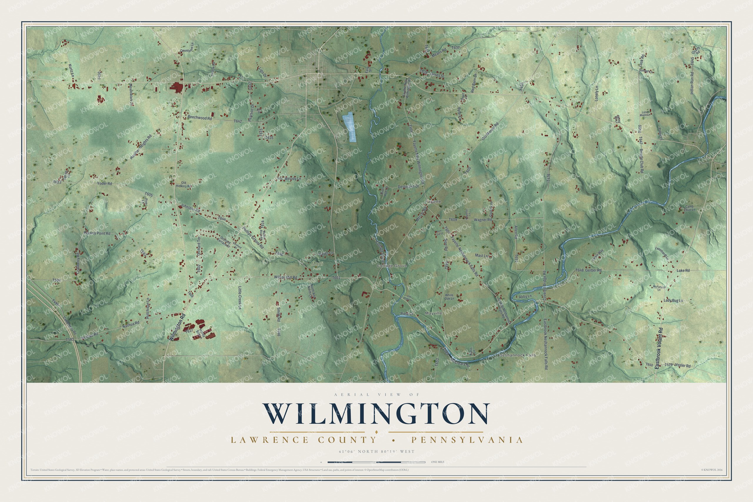 Full map of Wilmington, Lawrence County, Pennsylvania, with red buildings, printed street names and the land around them