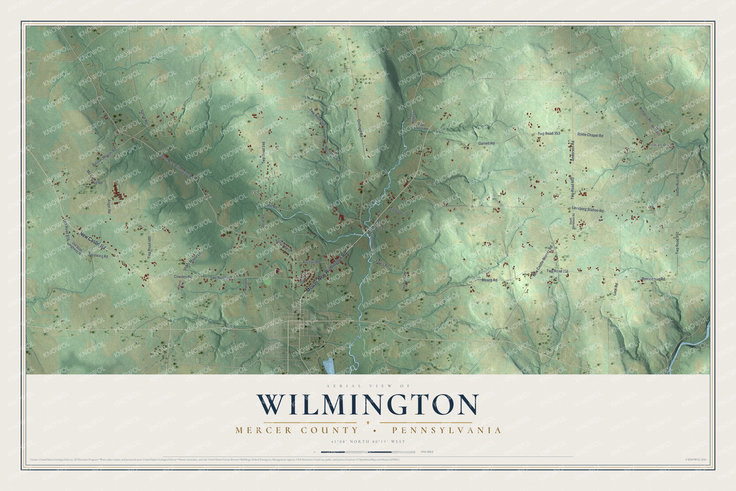 Full map of Wilmington, Mercer County, Pennsylvania, with red buildings, printed street names and the land around them
