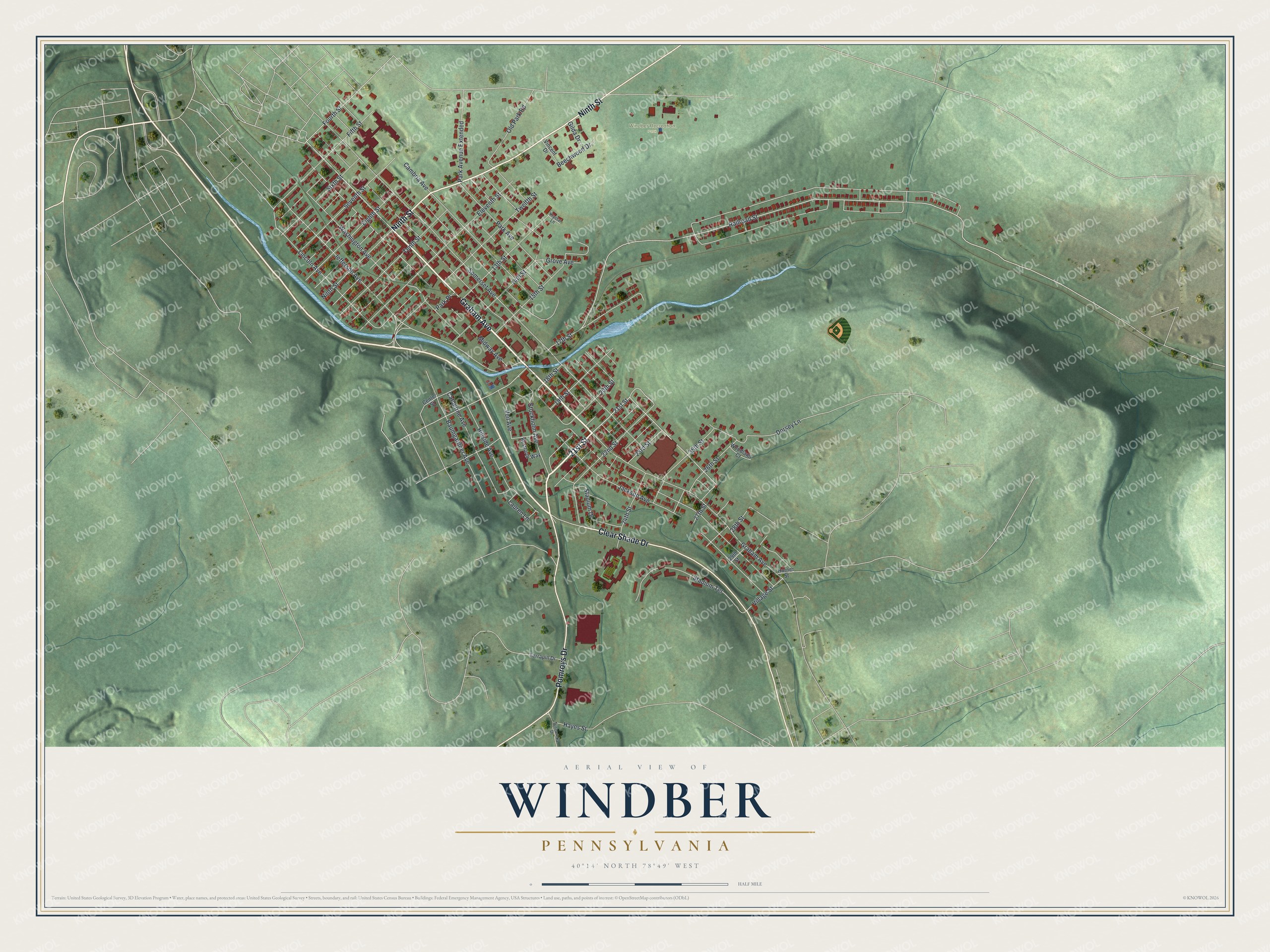 Full map of Windber, Pennsylvania, with red buildings, printed street names and the land around them