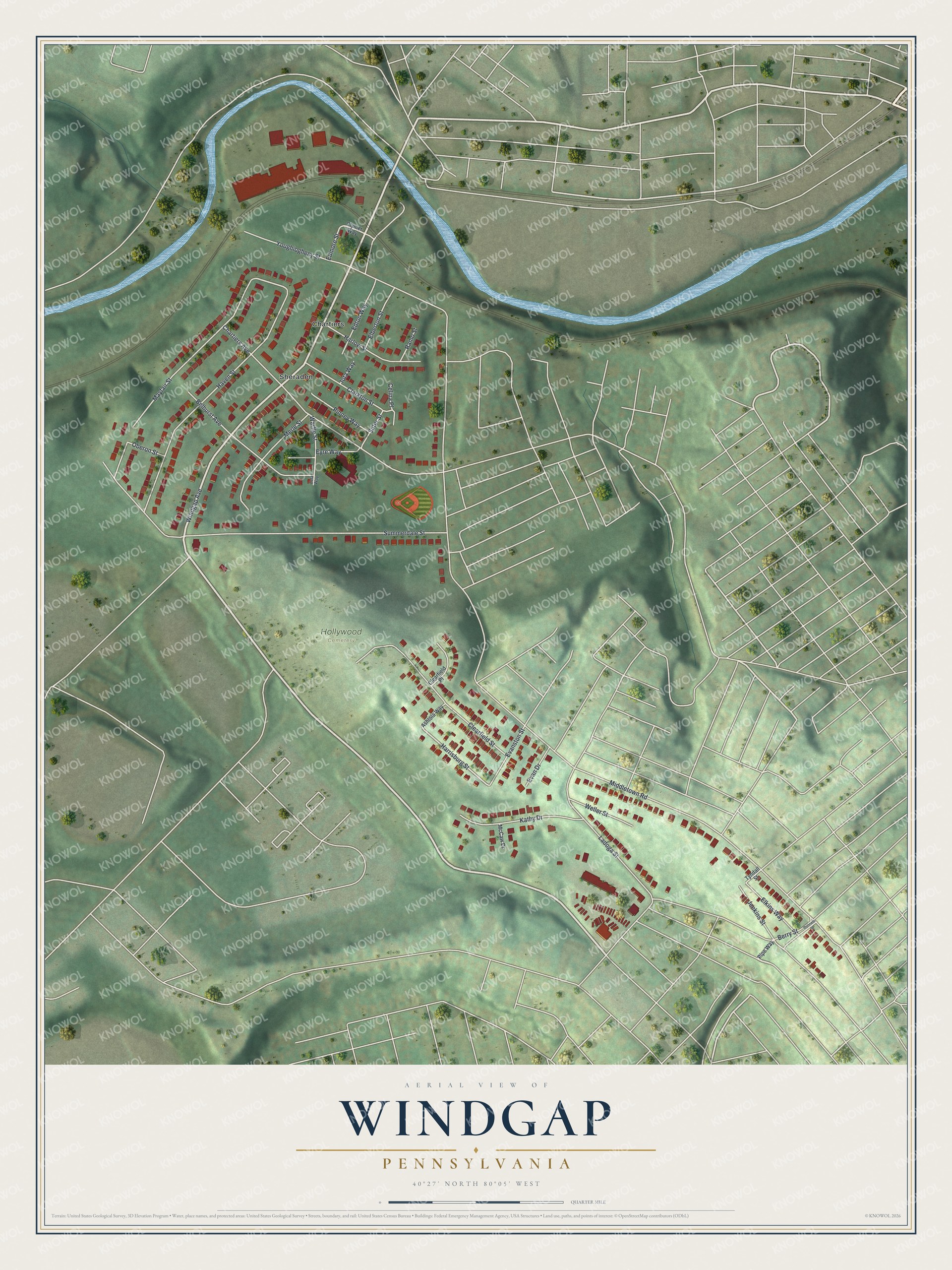 Full Windgap map with green hills, red buildings, pale streets, blue water, and a cream title panel