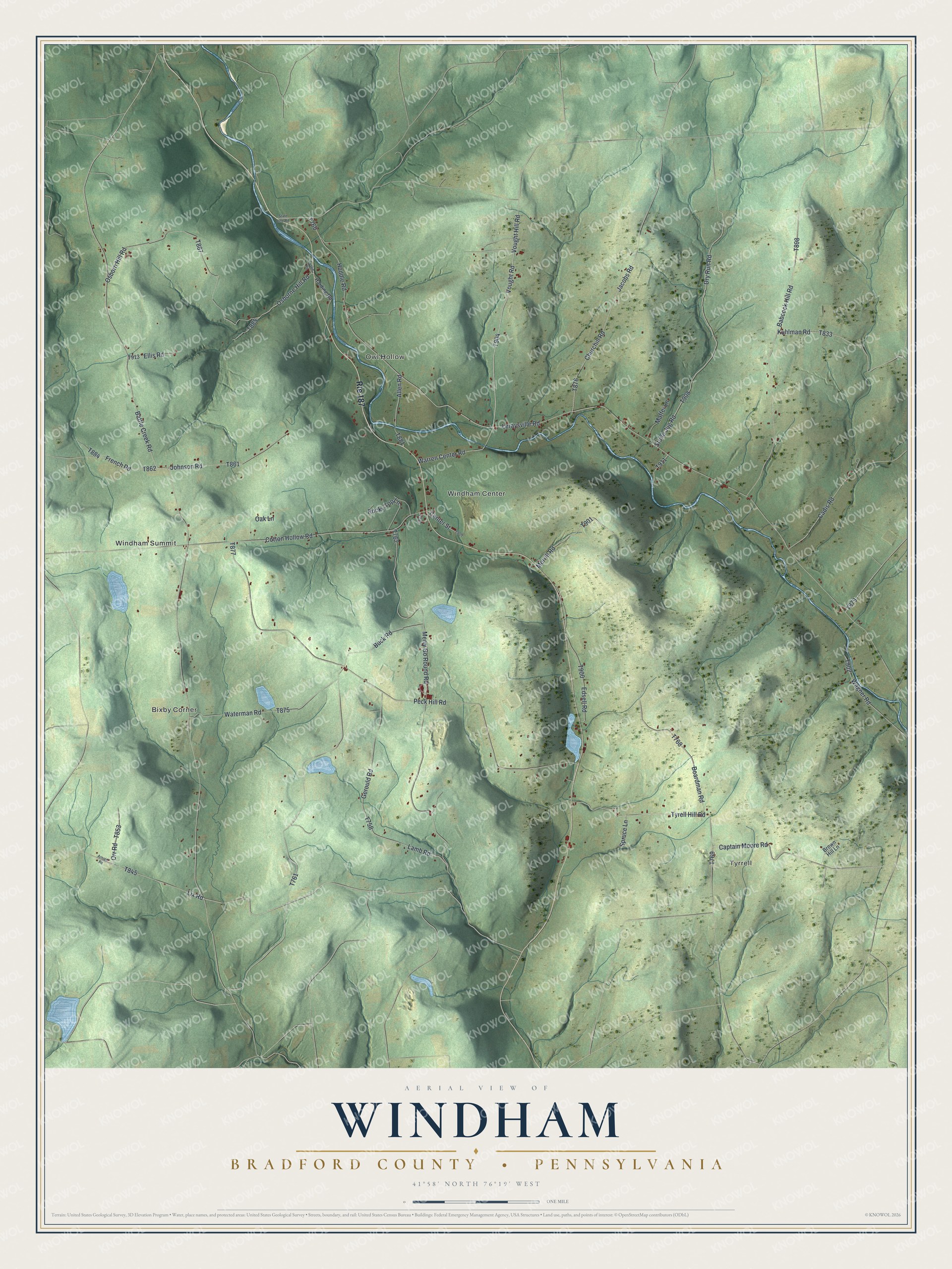 Full map of Windham, Bradford County, Pennsylvania, with red buildings, printed street names and the land around them
