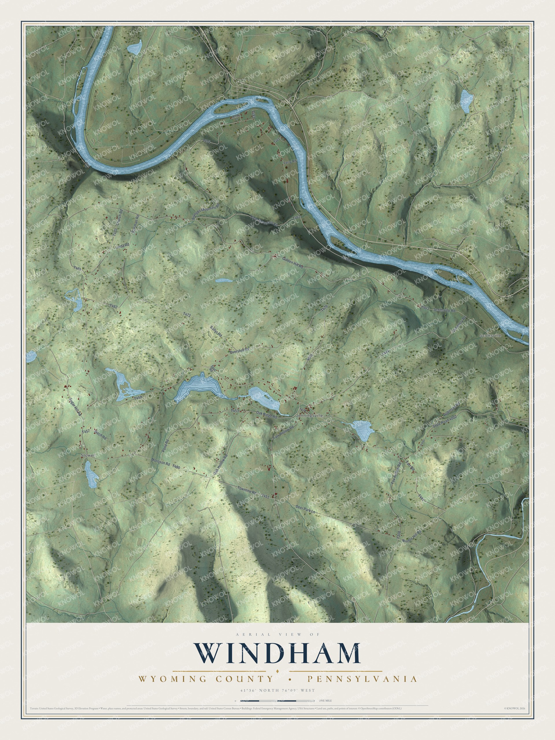 Full map of Windham, Wyoming County, Pennsylvania, with red buildings, printed street names and the land around them