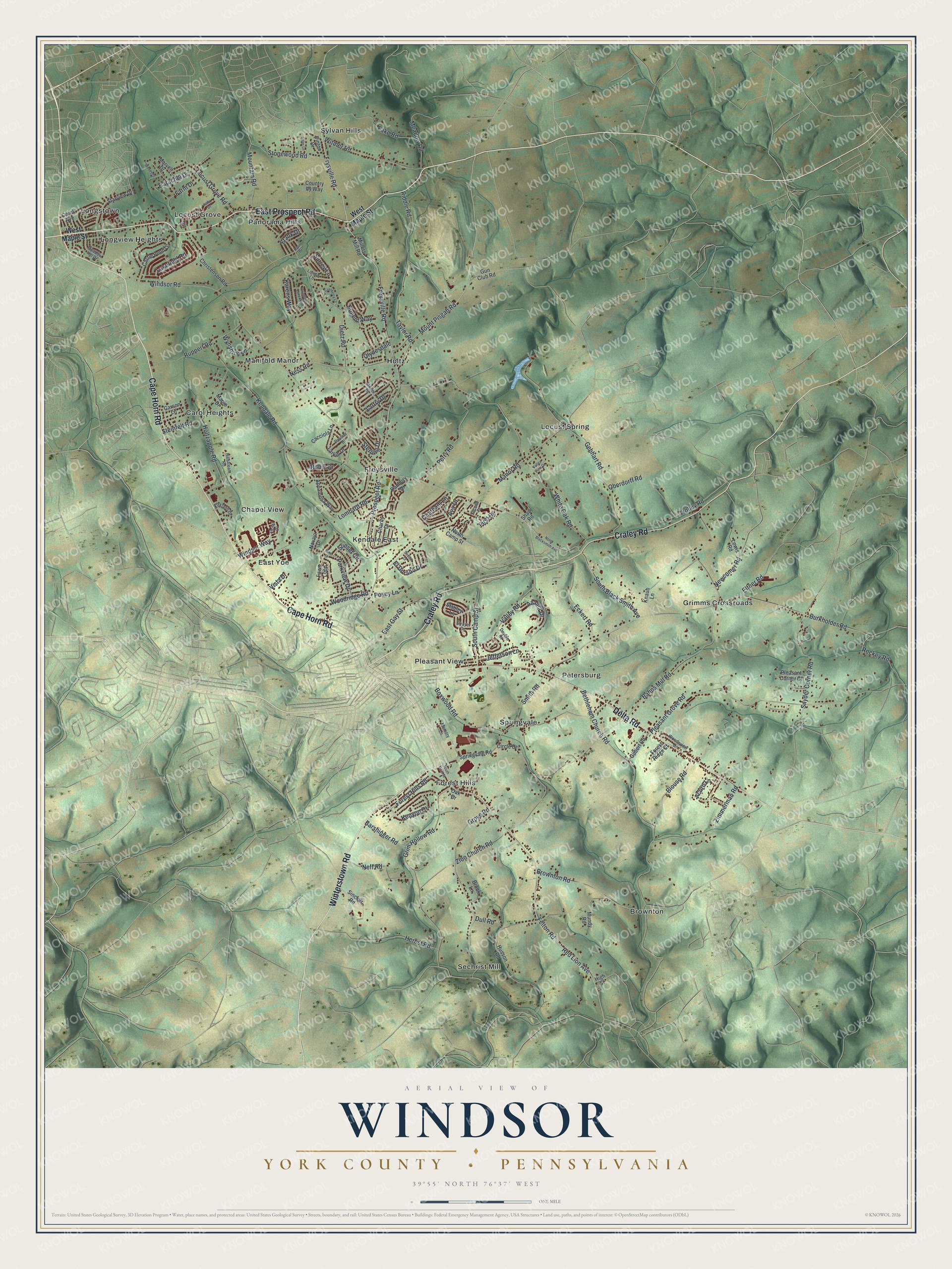Aerial map of Windsor Township in York County with green shaded hills, red buildings and a cream title panel