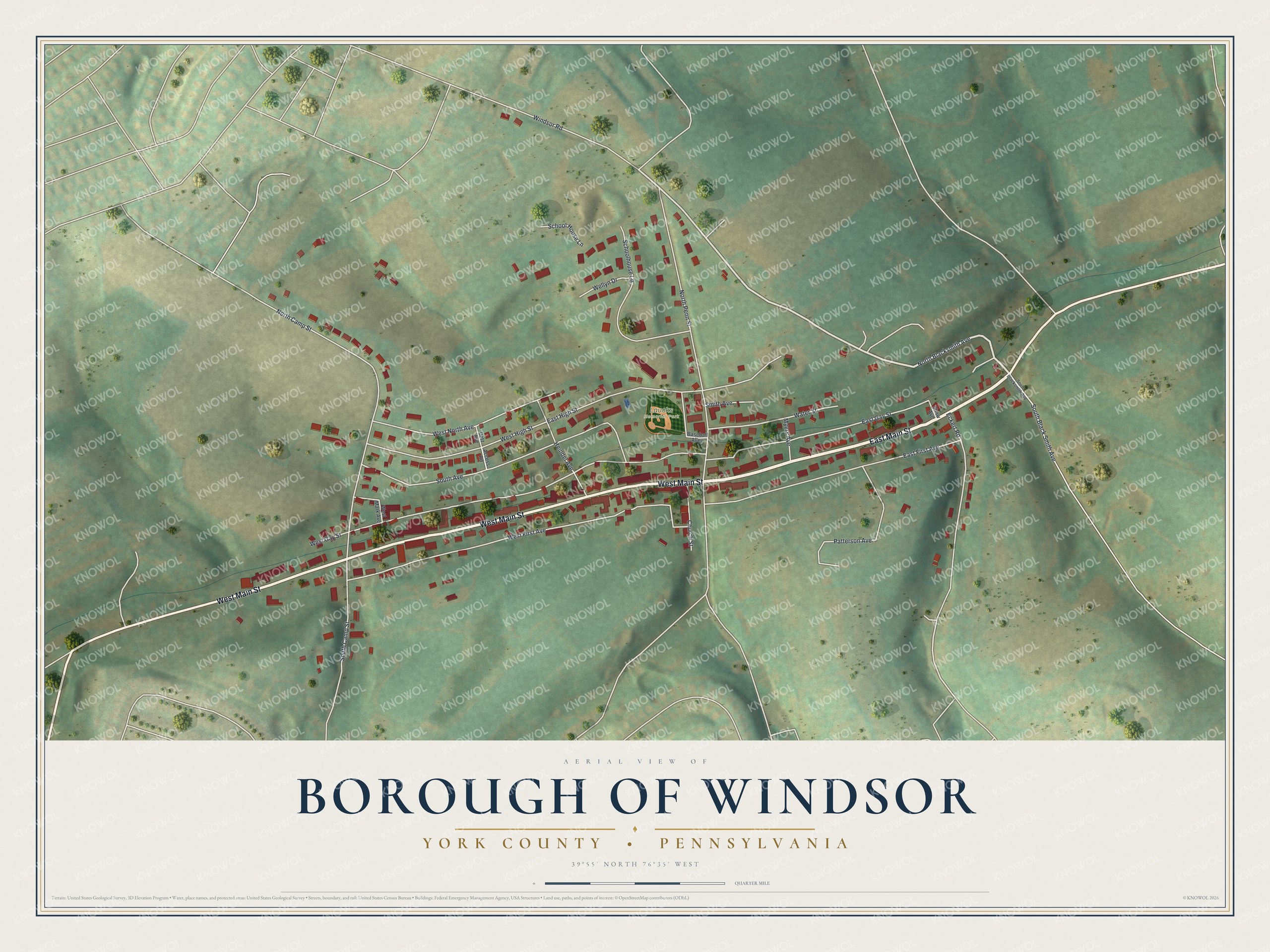 Full map of Windsor Borough, York County, Pennsylvania, with red buildings, printed street names and the land around them