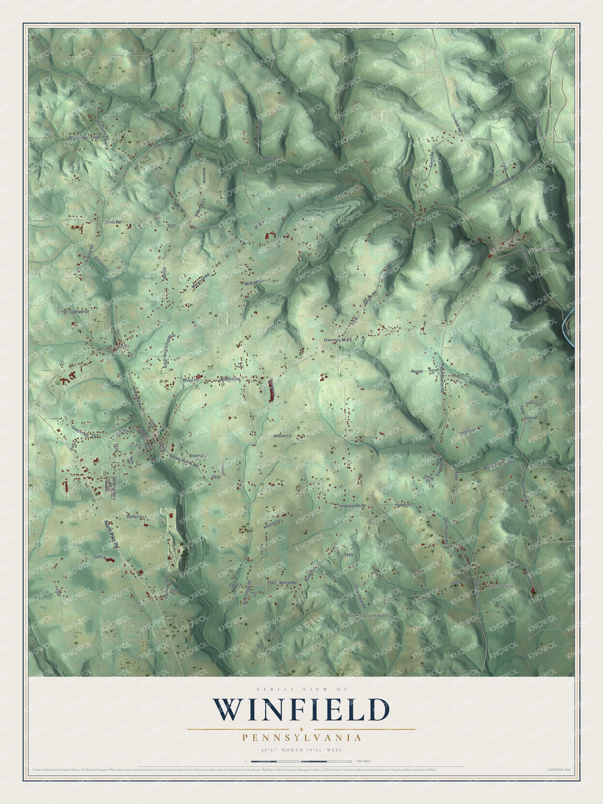 Full map of Winfield, Pennsylvania, with red buildings, printed street names and the land around them