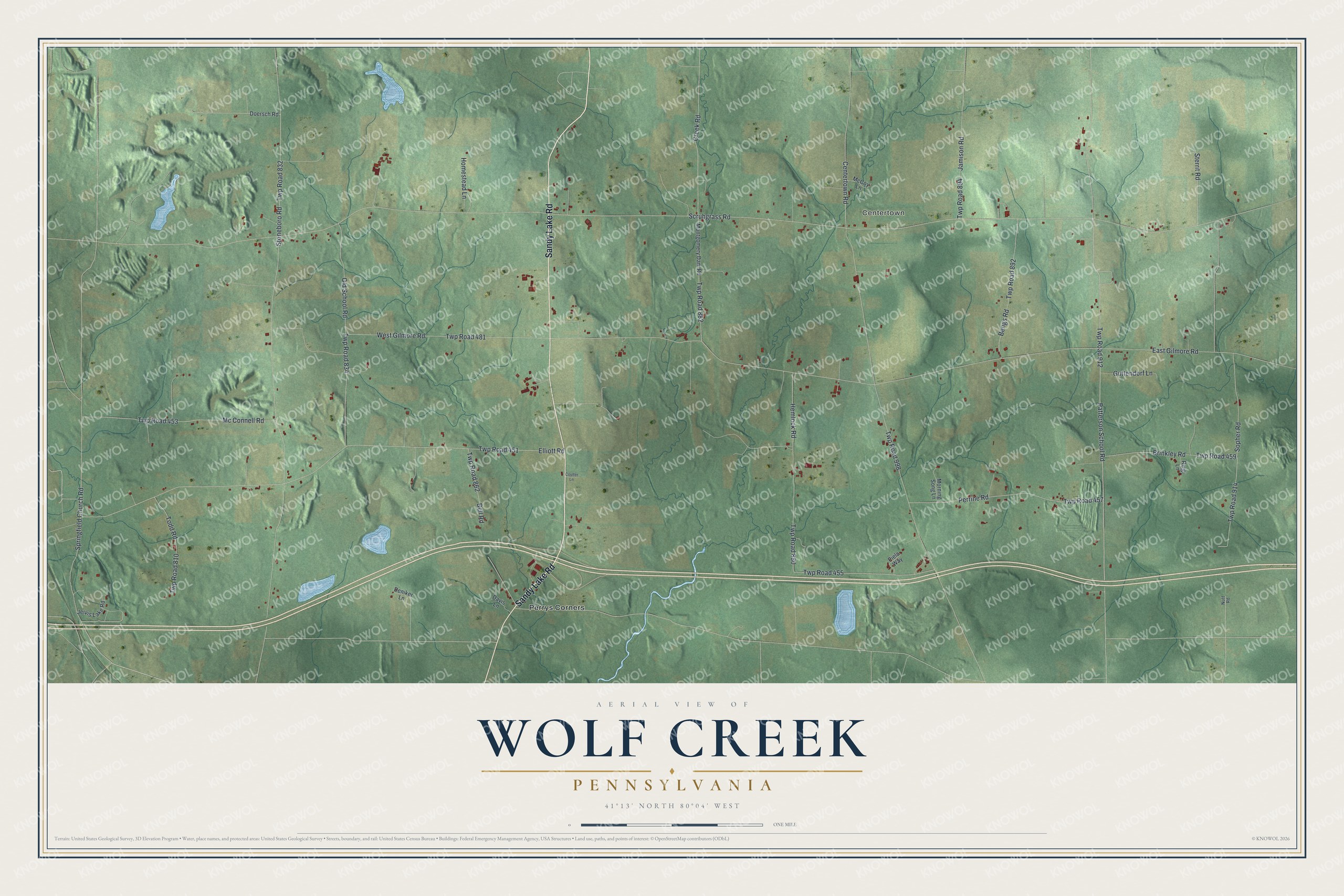 Full map of Wolf Creek, Pennsylvania, with red buildings, printed street names and the land around them