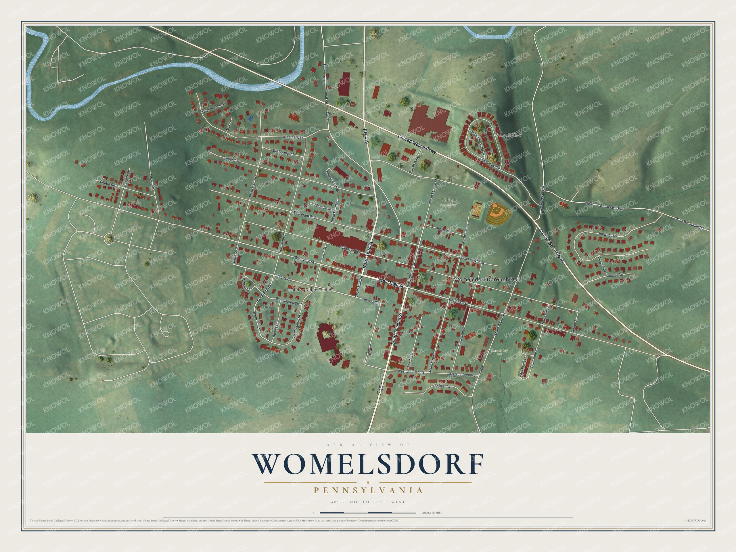 Full map of Womelsdorf, Pennsylvania, with red buildings, printed street names and the land around them