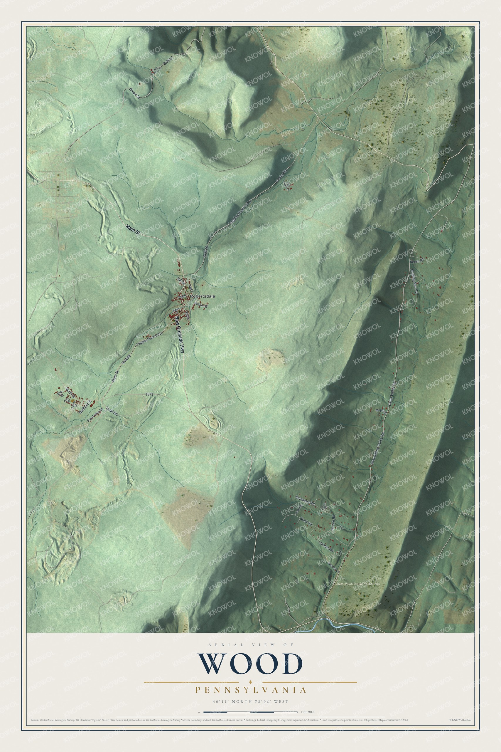 Full map of Wood, Pennsylvania, with red buildings, printed street names and the land around them