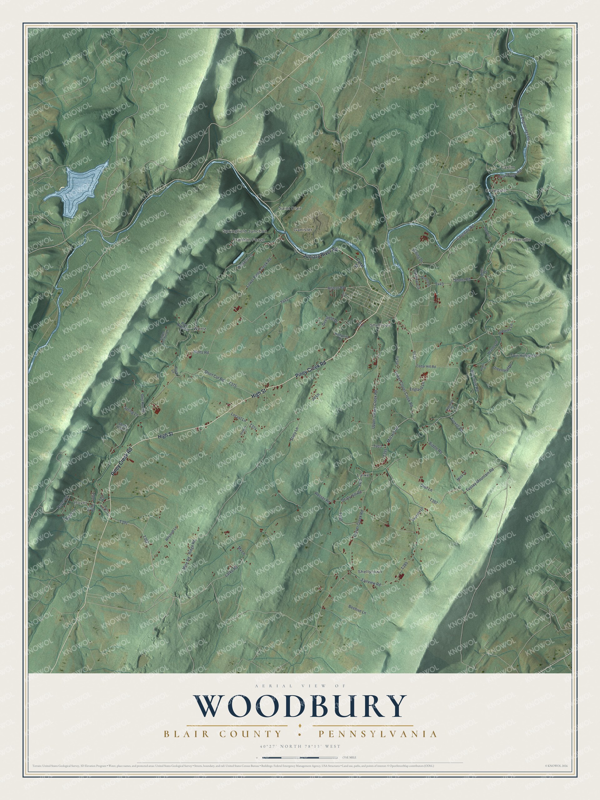 Full map of Woodbury, Blair County, Pennsylvania, with red buildings, printed street names and the land around them