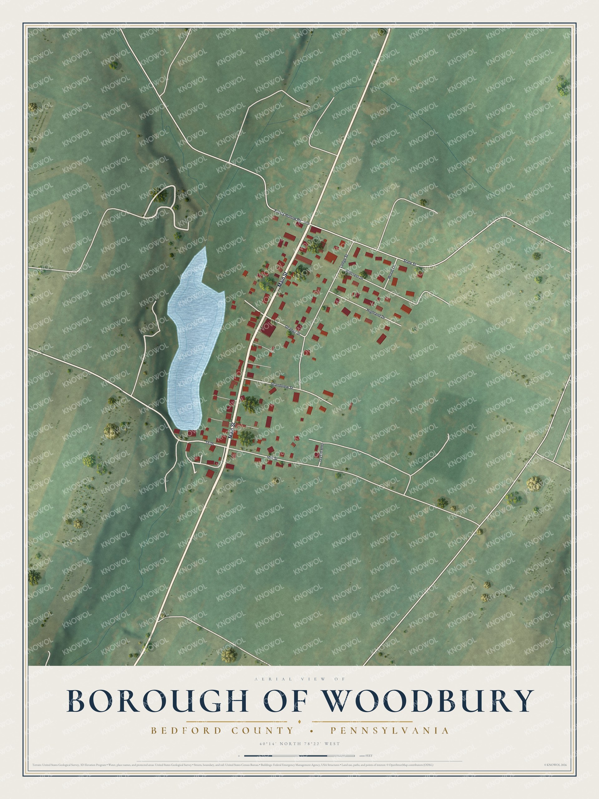 Full map of Woodbury Borough, Bedford County, Pennsylvania, with red buildings, printed street names and the land around them