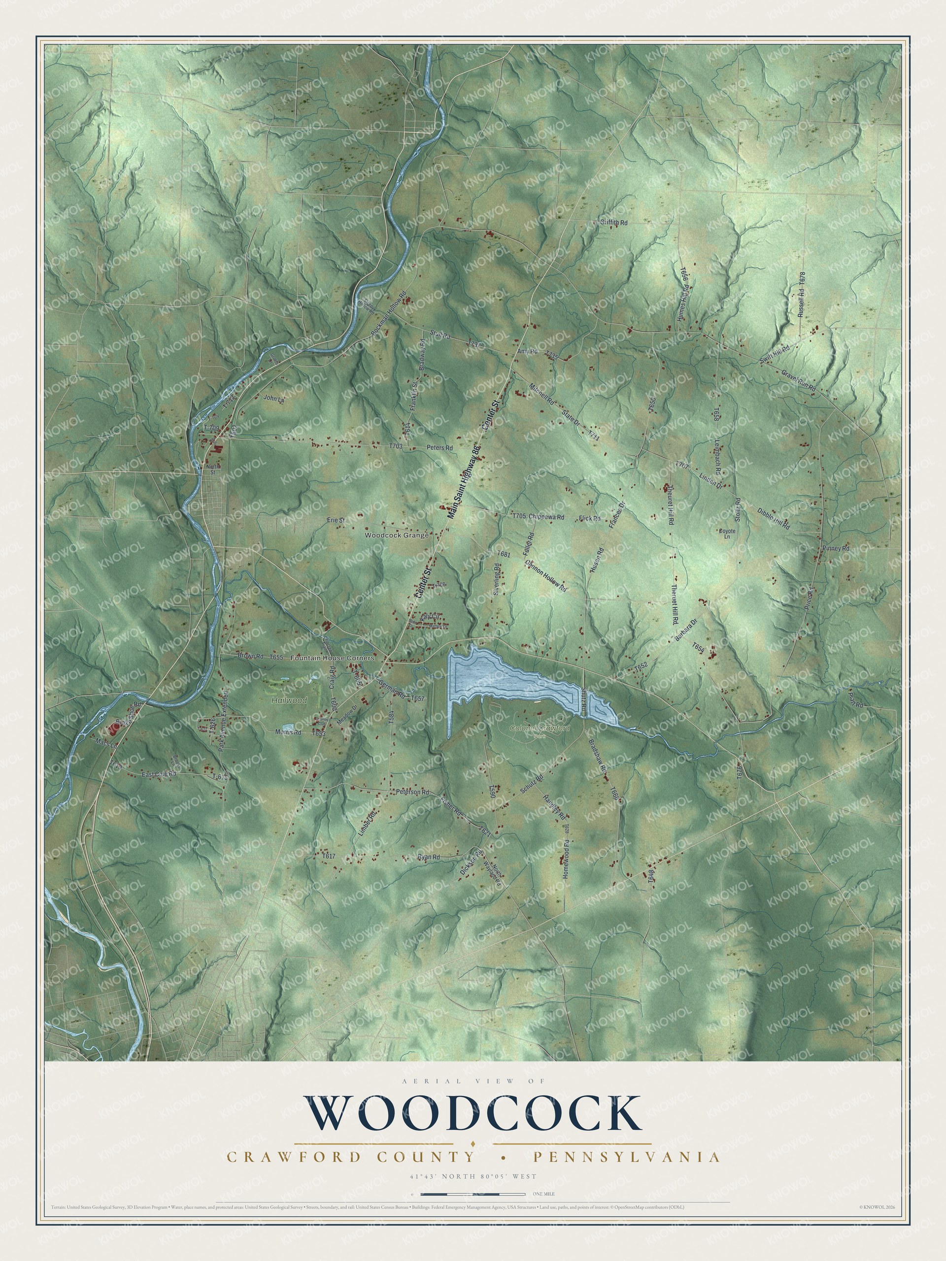 Full map of Woodcock Township, Pennsylvania, with red buildings, printed street names and the land around them