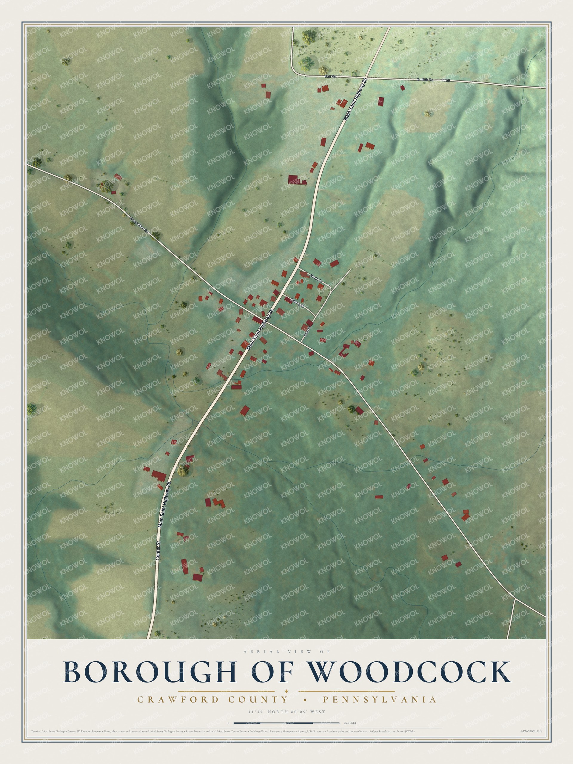 Full map of Woodcock Borough, Pennsylvania, with red buildings, printed street names and the land around them