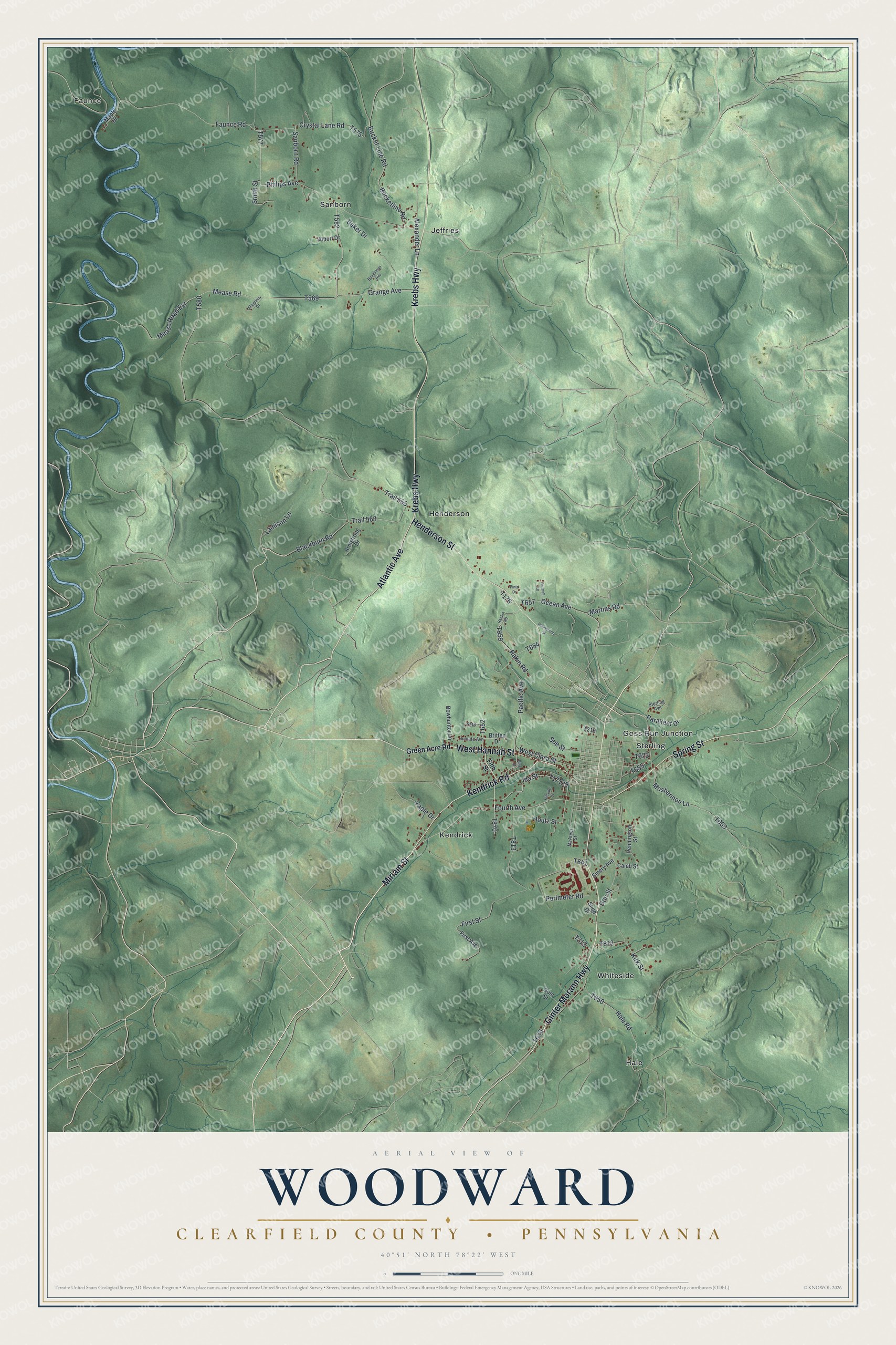 Full map of Woodward, Clearfield County, Pennsylvania, with red buildings, printed street names and the land around them