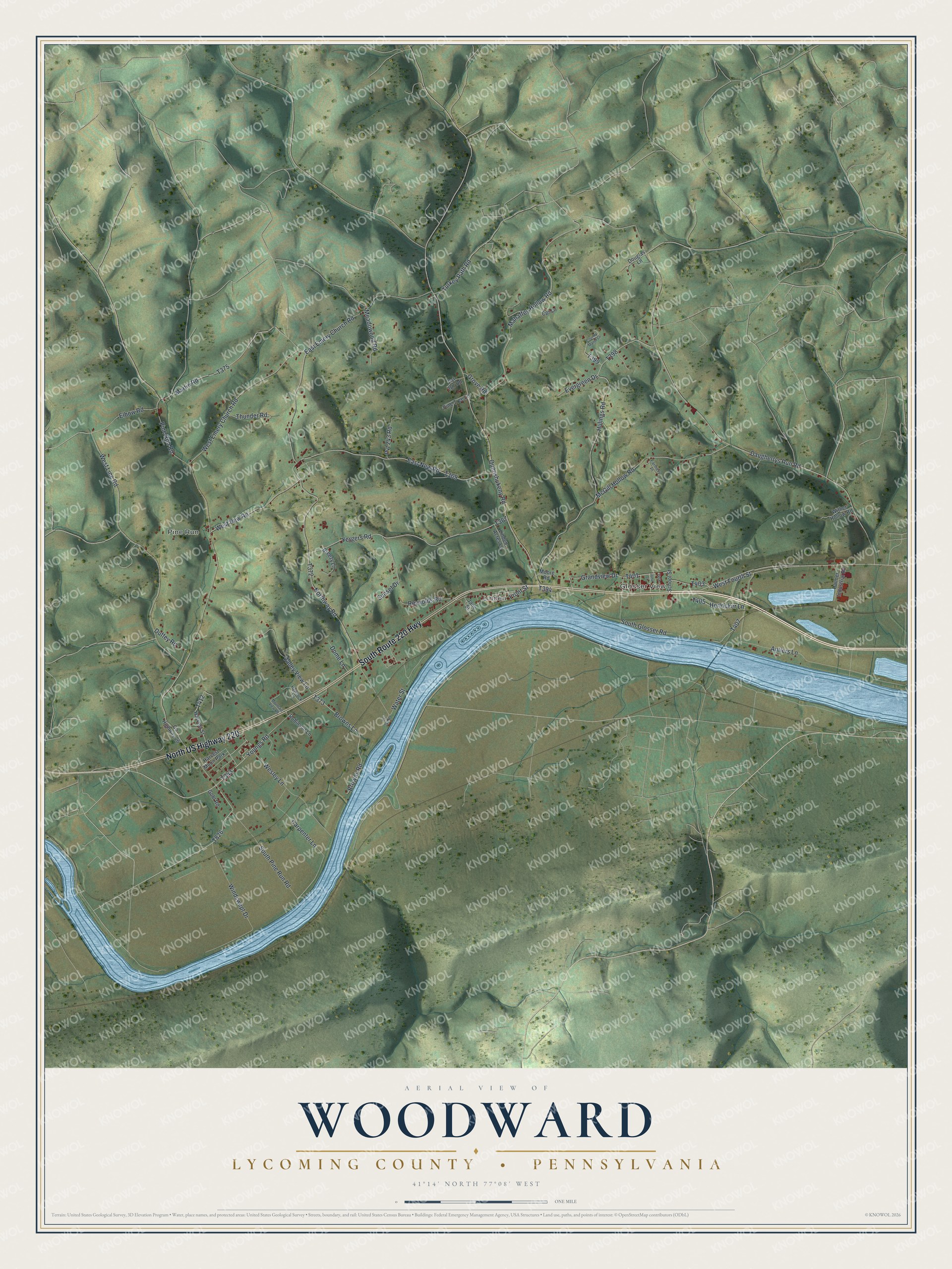 Full map of Woodward, Lycoming County, Pennsylvania, with red buildings, printed street names and the land around them