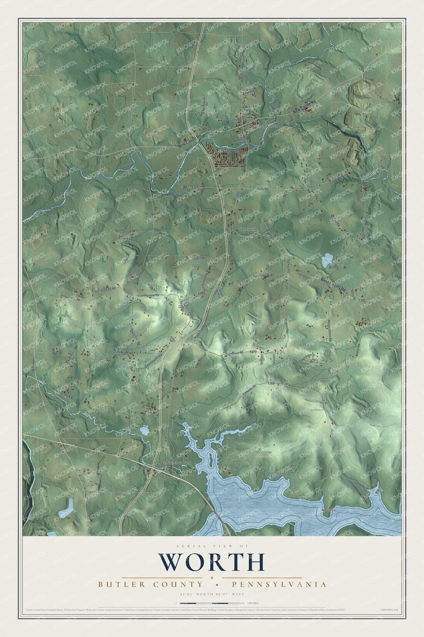 Full map of Worth, Butler County, Pennsylvania, with red buildings, printed street names and the land around them