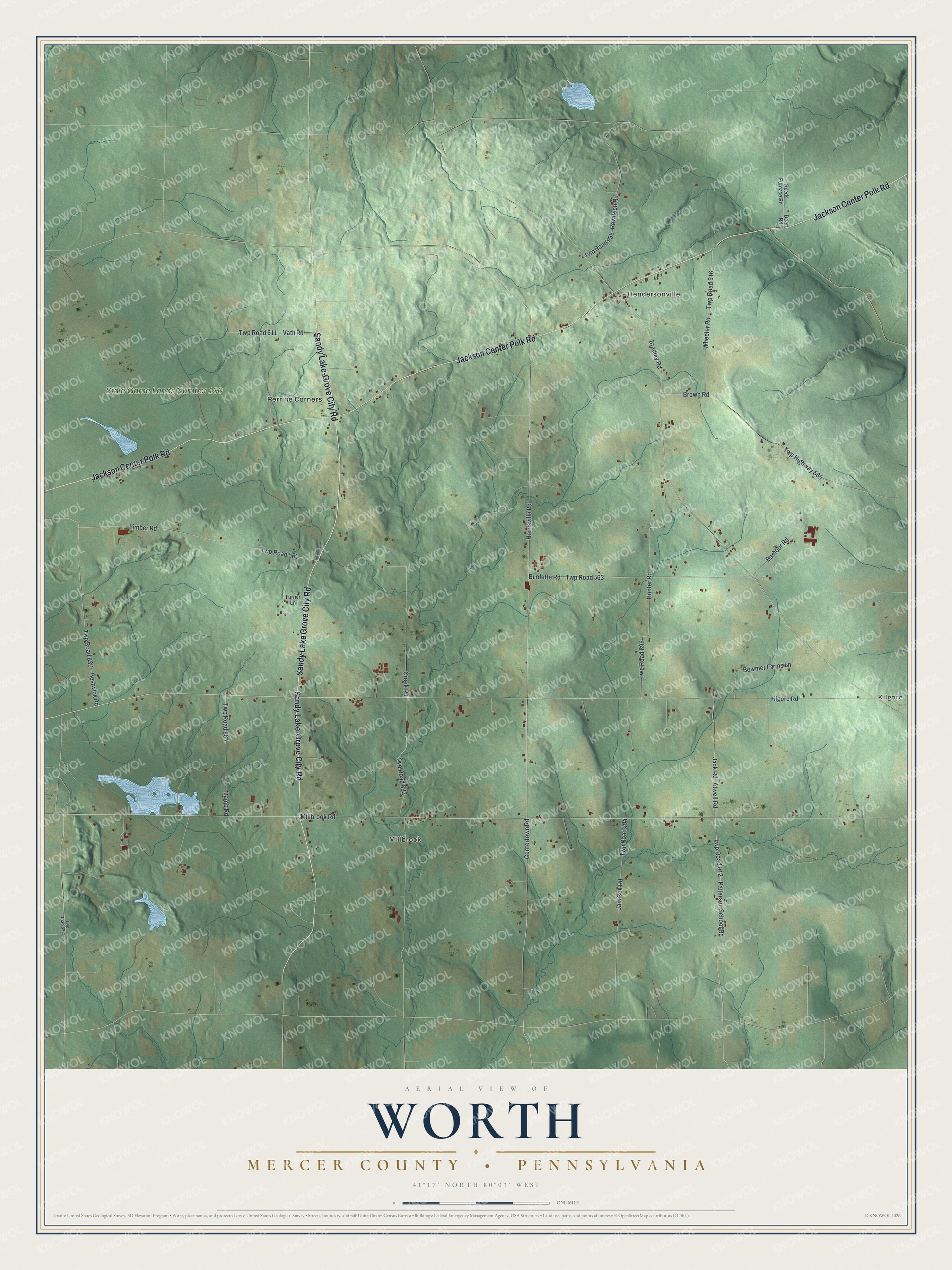 Full map of Worth, Mercer County, Pennsylvania, with red buildings, printed street names and the land around them
