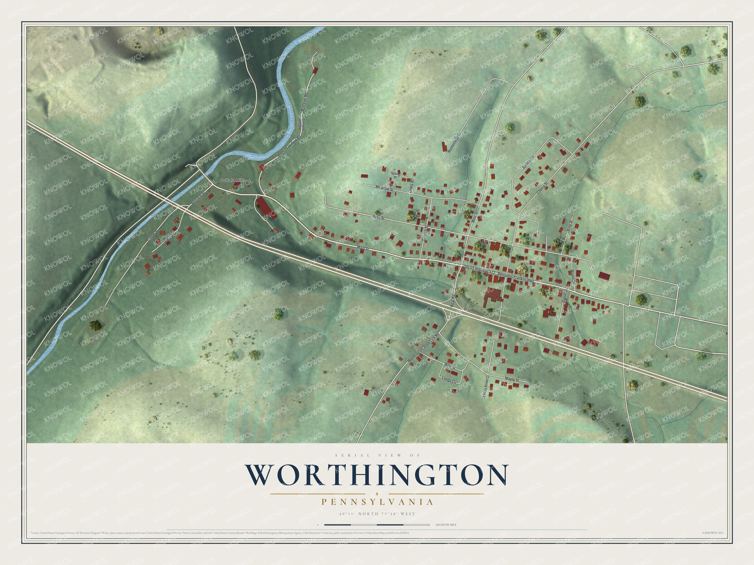 Full map of Worthington, Pennsylvania, with red buildings, printed street names and the land around them