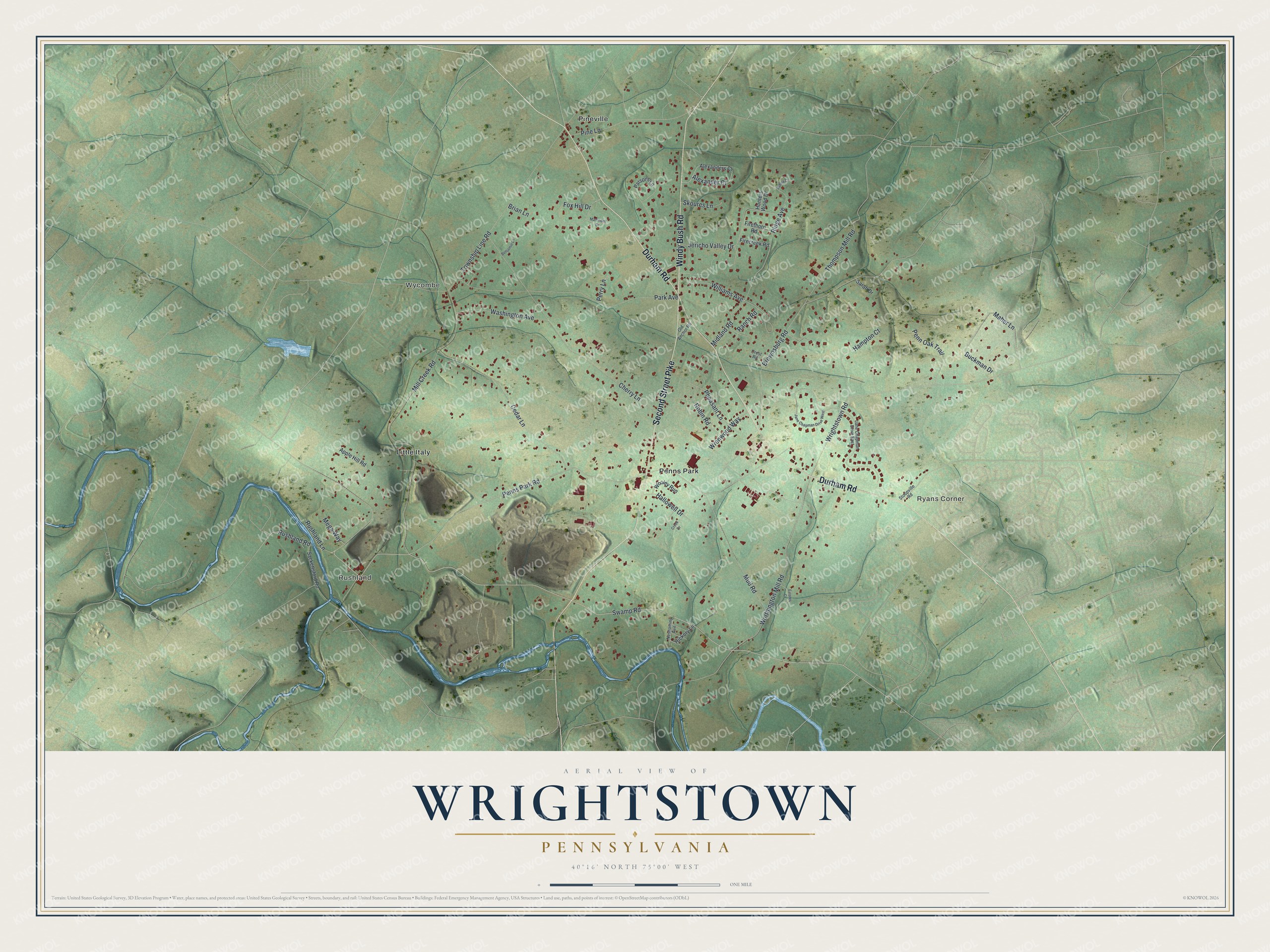 Full map of Wrightstown, Pennsylvania, with red buildings, printed street names and the land around them