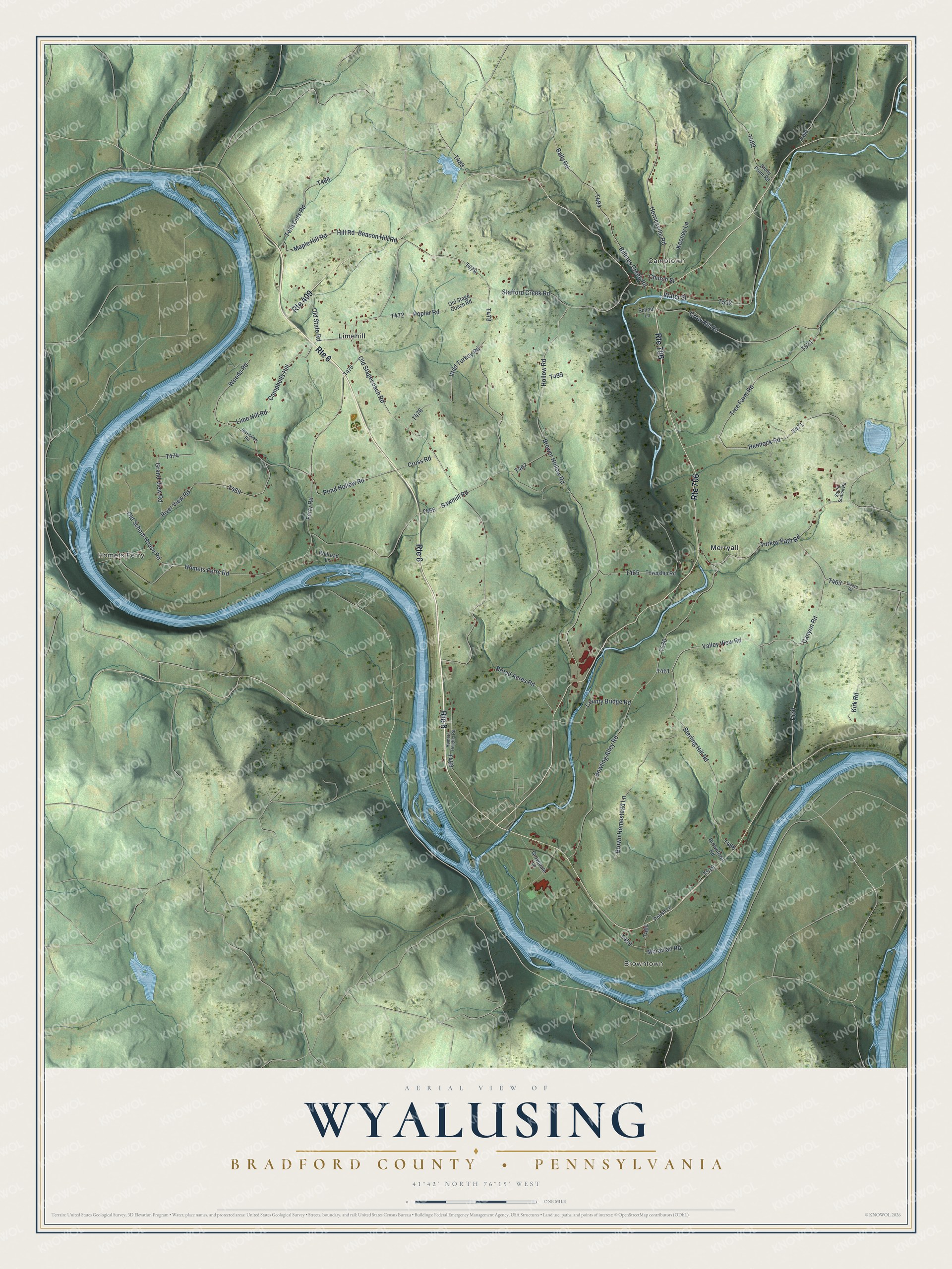 Full map of Wyalusing Township, Pennsylvania, with red buildings, printed street names and the land around them
