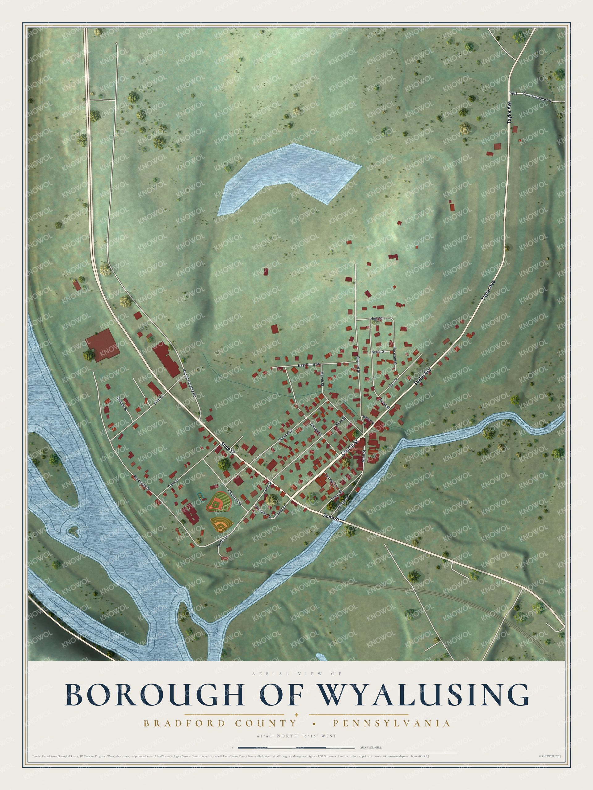 Full map of Wyalusing Borough, Pennsylvania, with red buildings, printed street names and the land around them