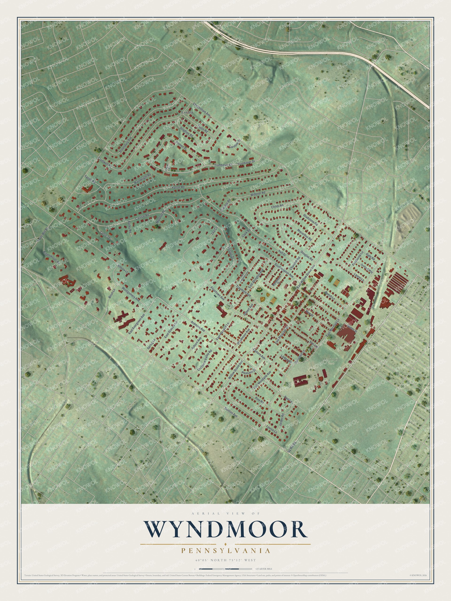 Aerial style map of Wyndmoor, Pennsylvania with red buildings on green shaded hills and a cream title panel