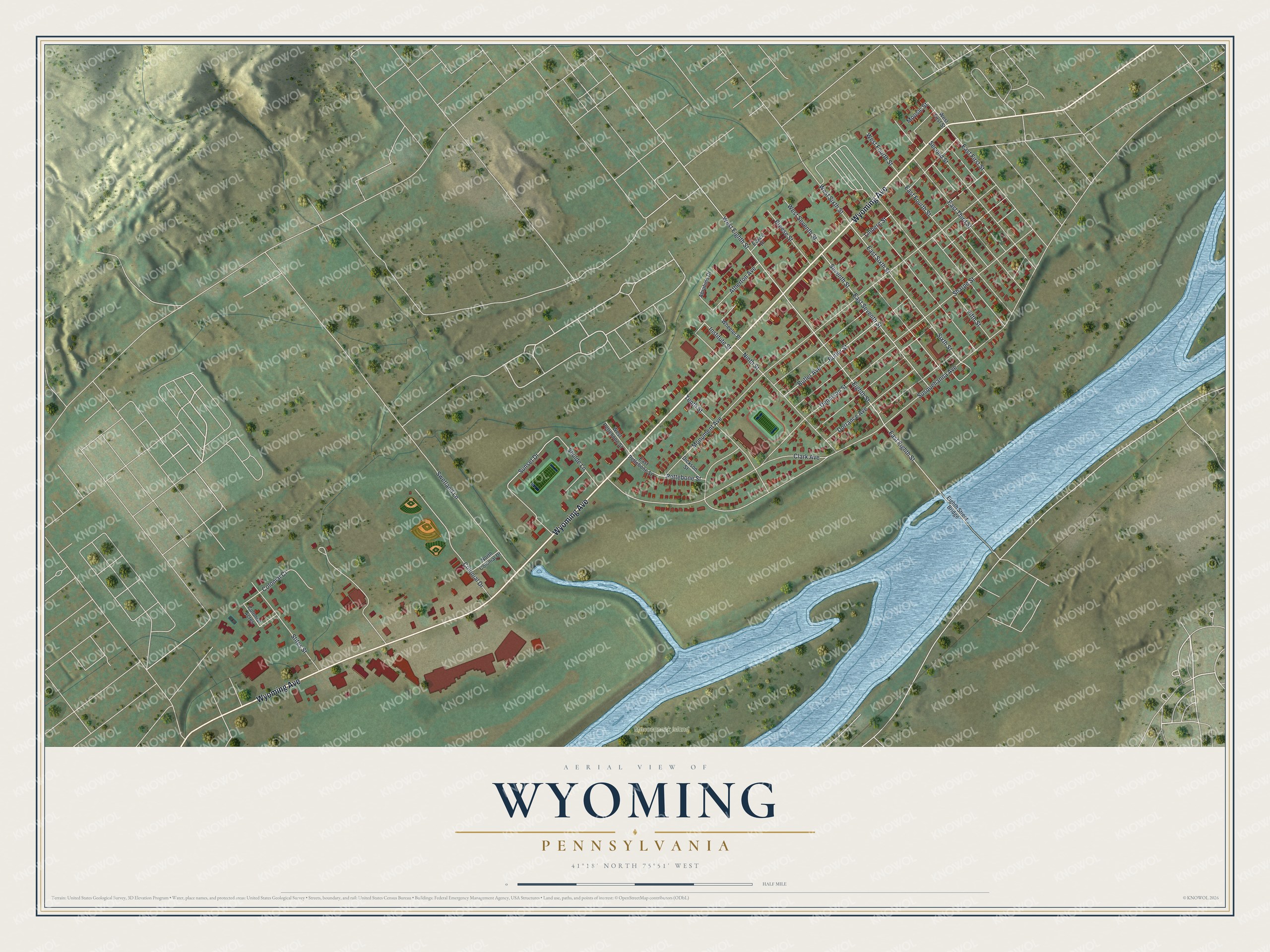 Full map of Wyoming, Pennsylvania, with red buildings, printed street names and the land around them