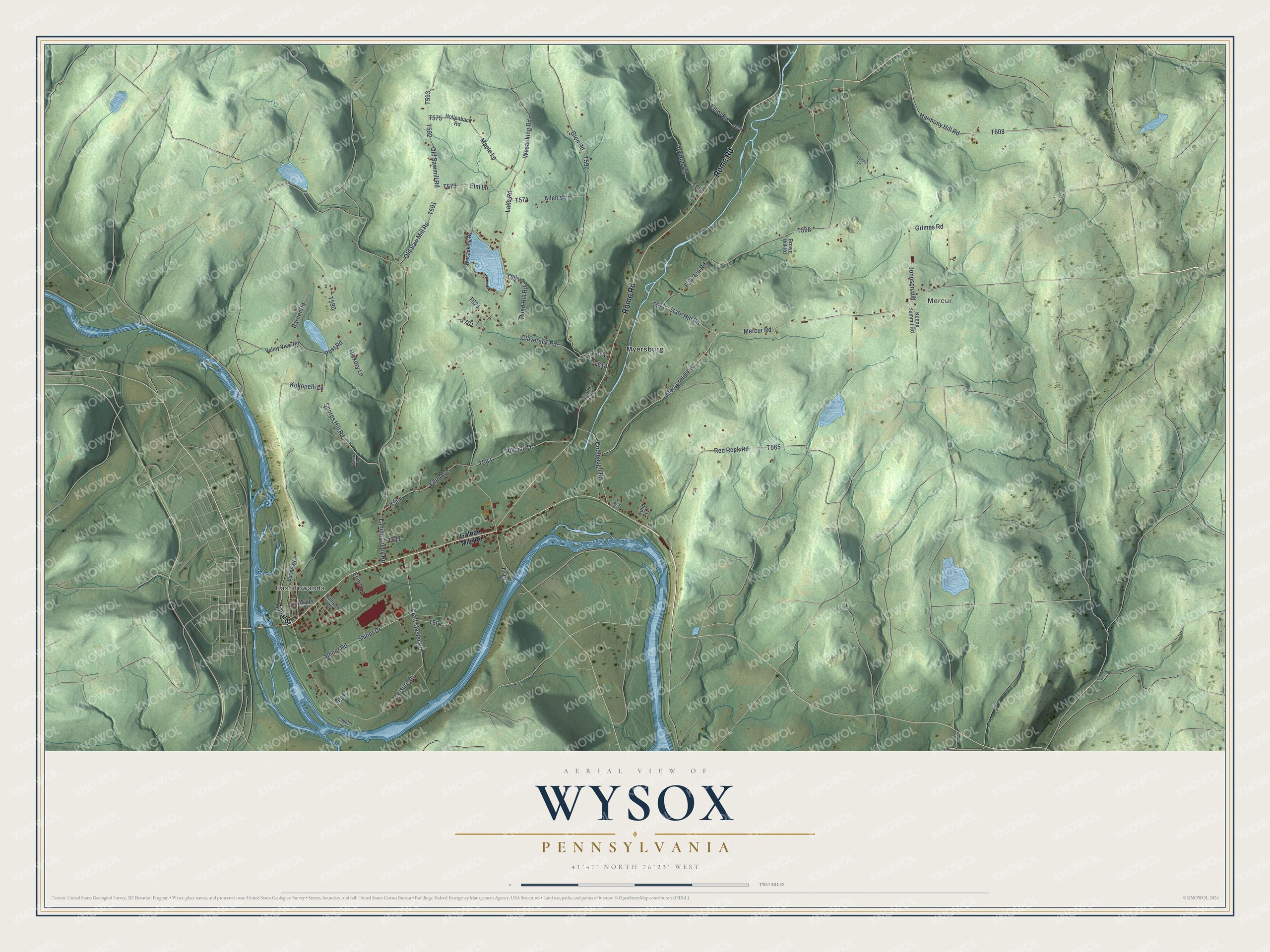 Full map of Wysox, Pennsylvania, with red buildings, printed street names and the land around them