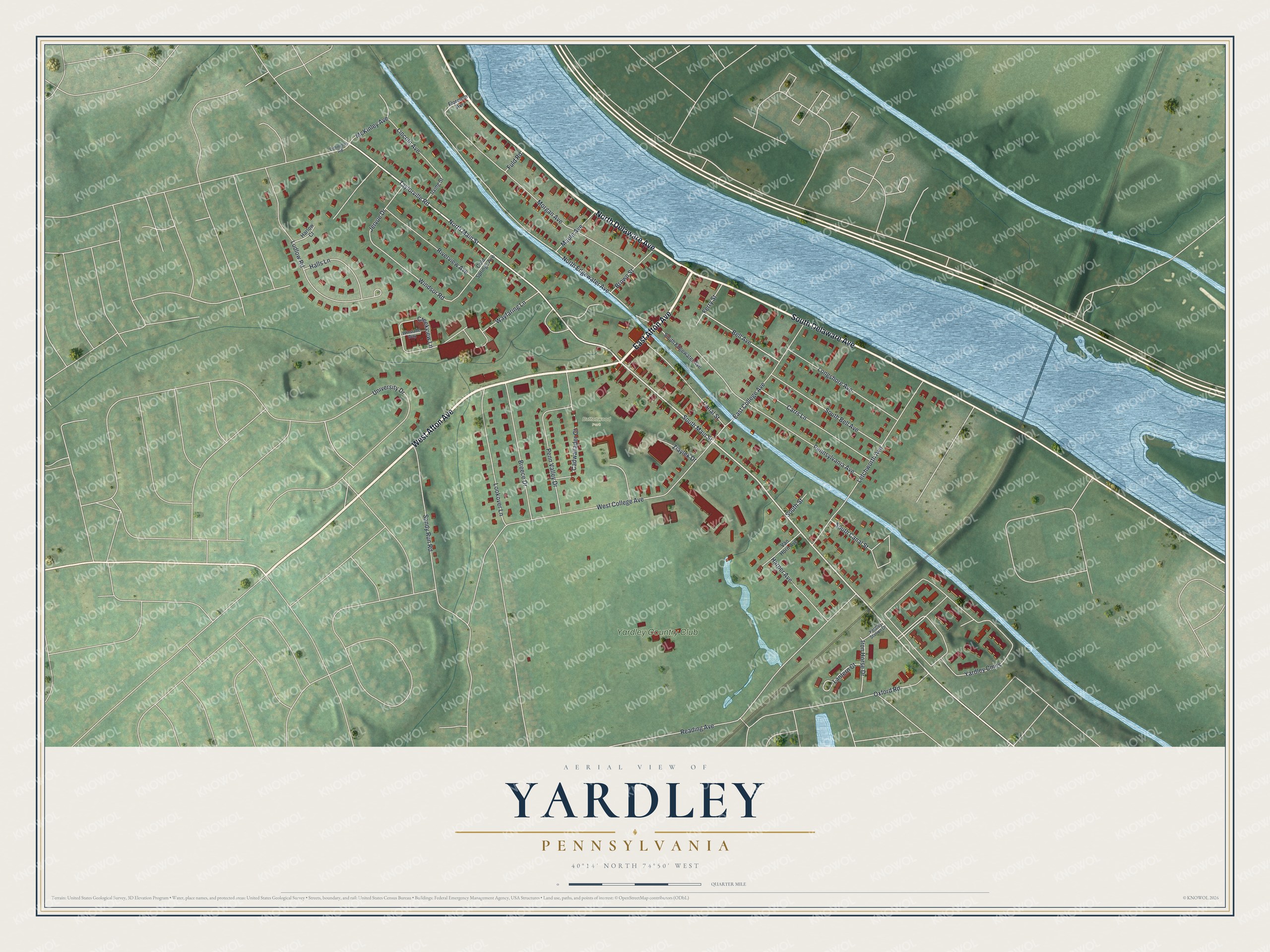 Full map of Yardley, Pennsylvania, with red buildings, printed street names and the land around them