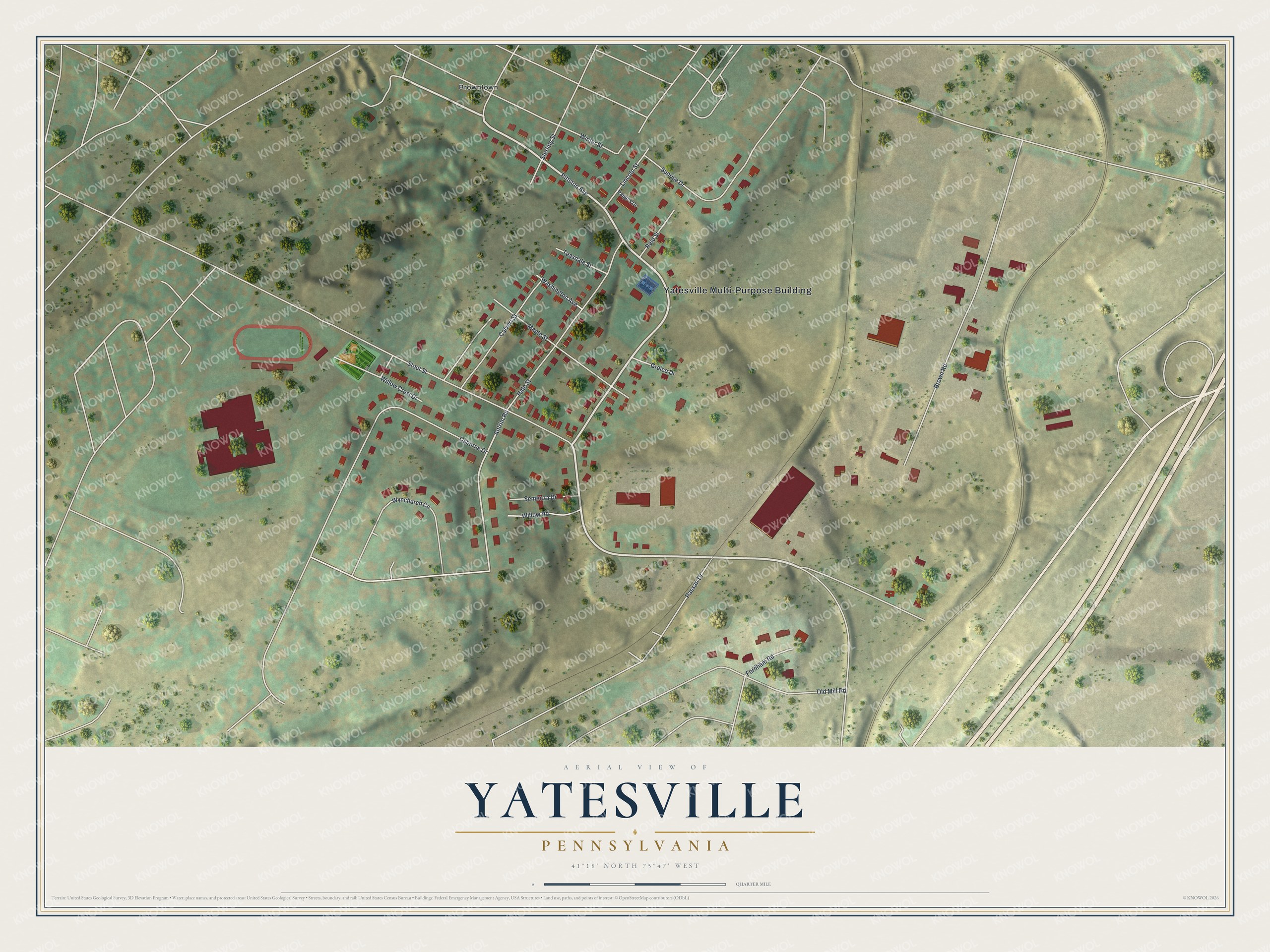 Full map of Yatesville, Pennsylvania, with red buildings, printed street names and the land around them